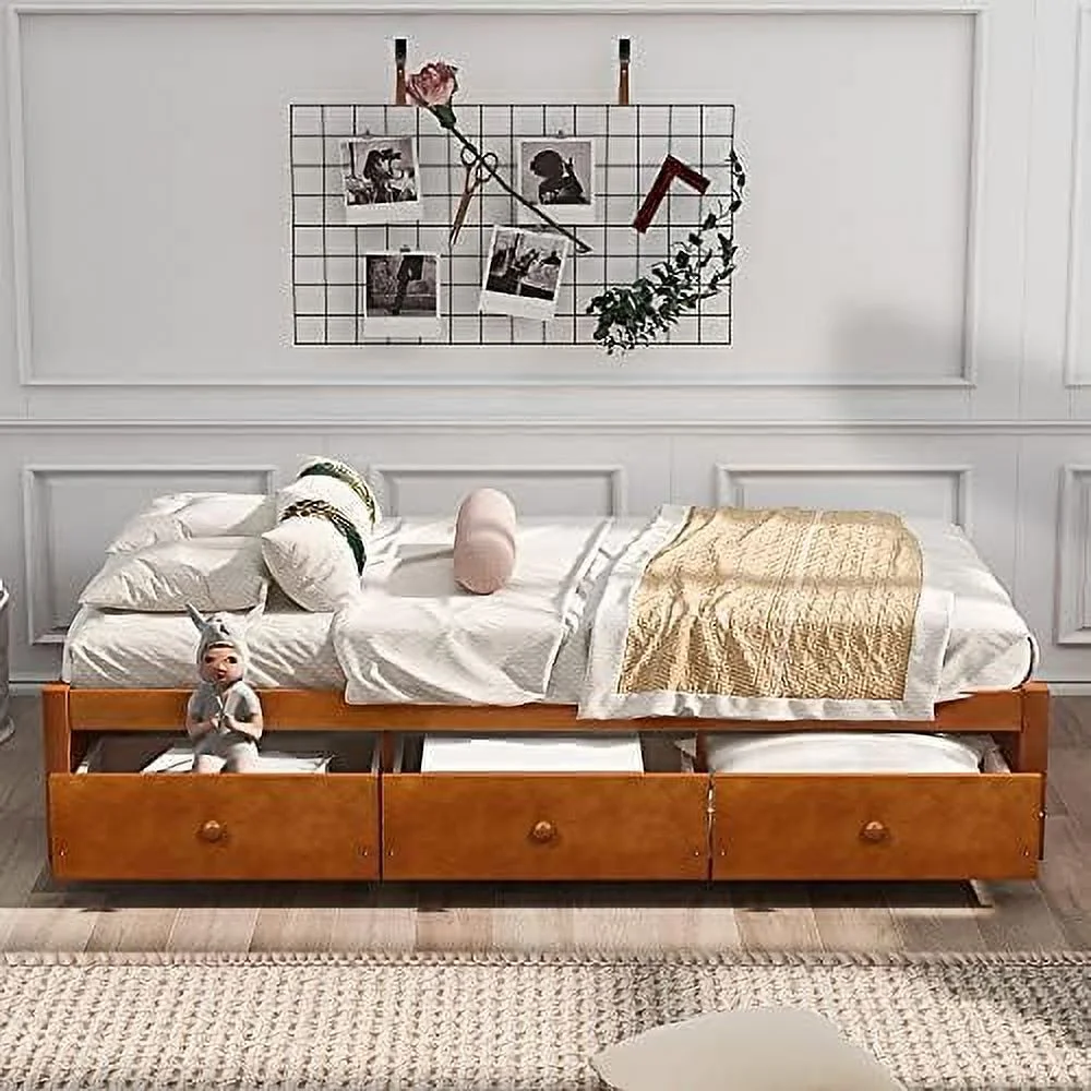 Size Bed With 3 Storage Drawers, Solid Wooden Platform Bed With Support Slats, Bed Frame For Kids Teens, No Box Spring Needed (, Oak)