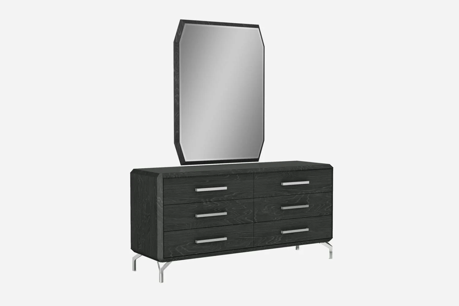 Whiteline Modern Living Los Angeles Dresser in High Gloss Grey with Geometric Design and 6 Self-Closing Drawers with Polished Stainless Steel Handles and Legs
