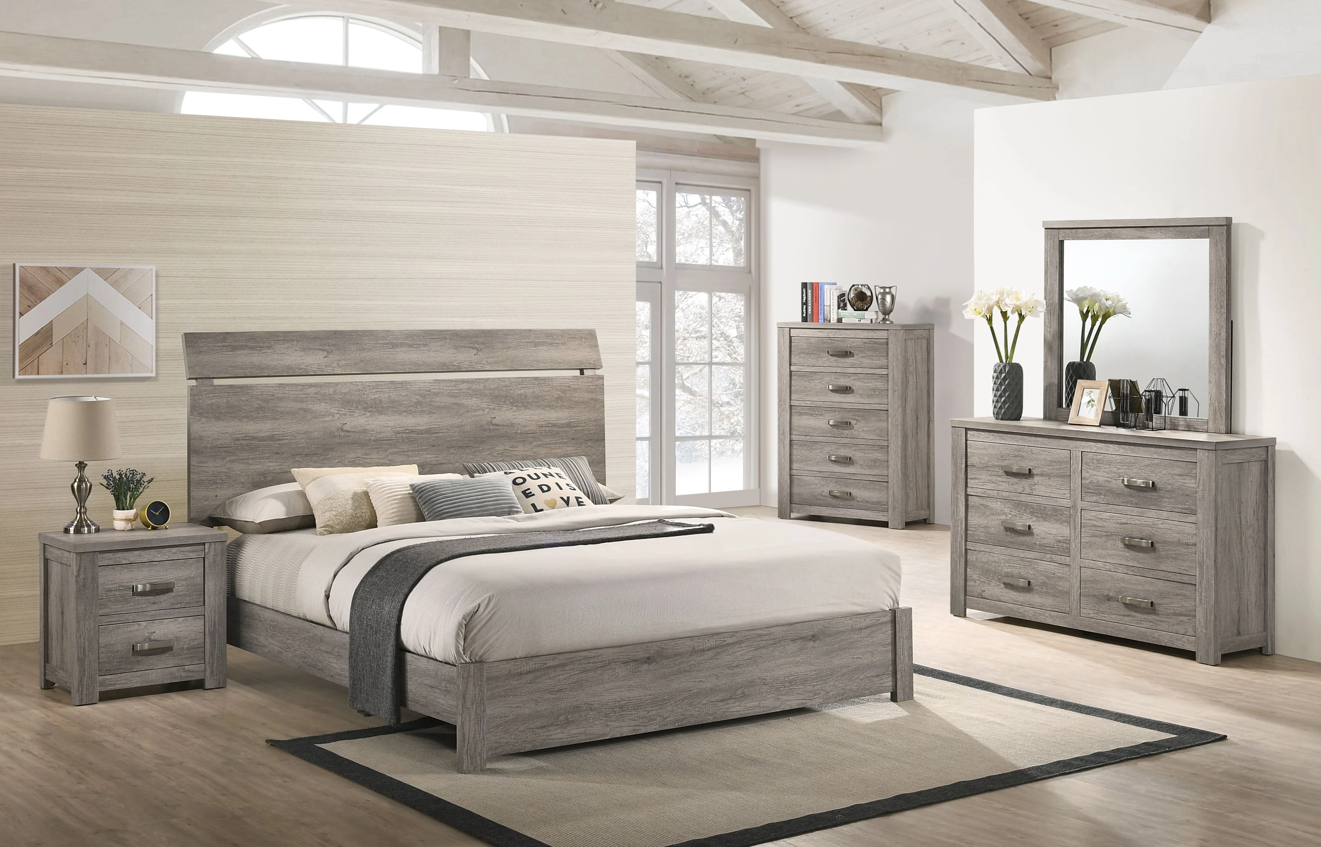 Roundhill Furniture Floren Contemporary Weathered Gray Wood Bedroom Set, Queen Panel Bed, Dresser, Mirror, Nightstand, Chest