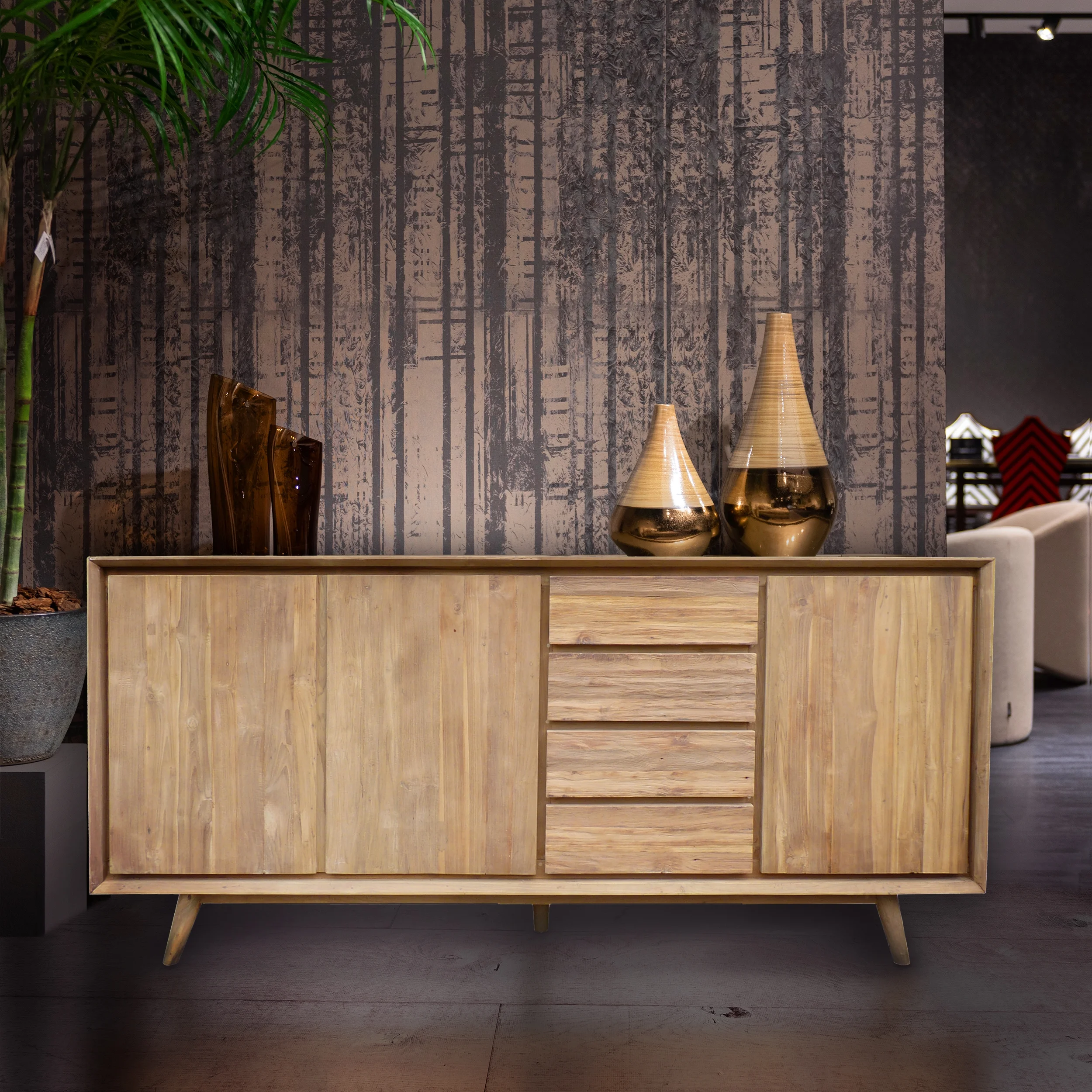 Recycled Teak Wood Wood Retro Chest with 3 Doors, 4 Drawers