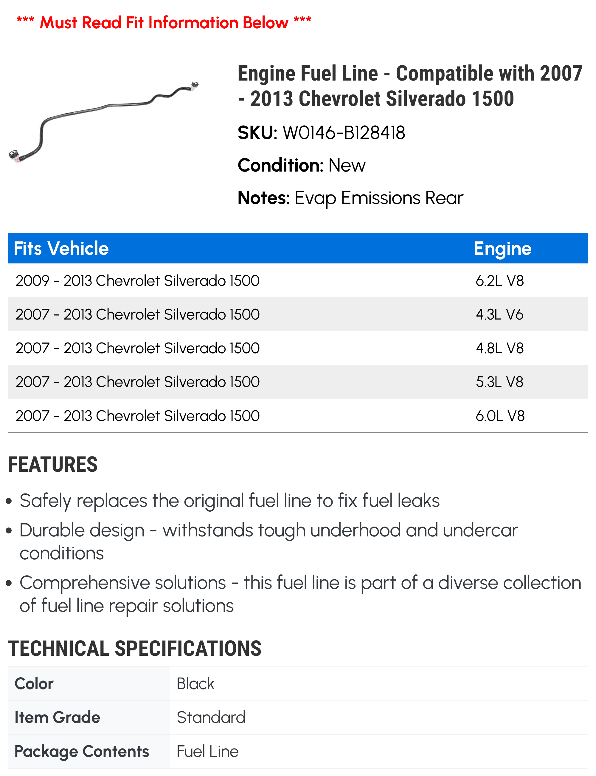 Engine Fuel Line - Compatible with 2007 - 2013 Chevy Silverado 1500 2008 2009 2010 2011 2012