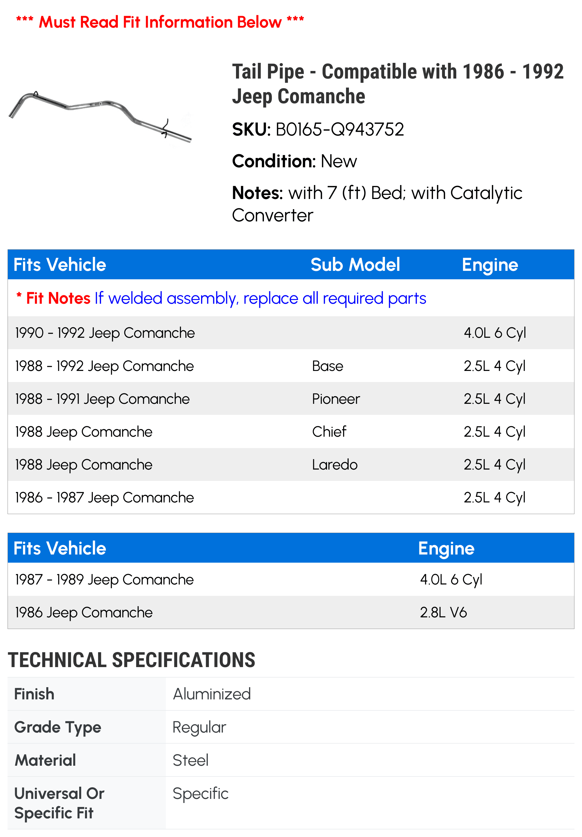 Tail Line - Compatible with 1986 - 1992 Jeep Comanche 1987 1988 1989 1990 1991