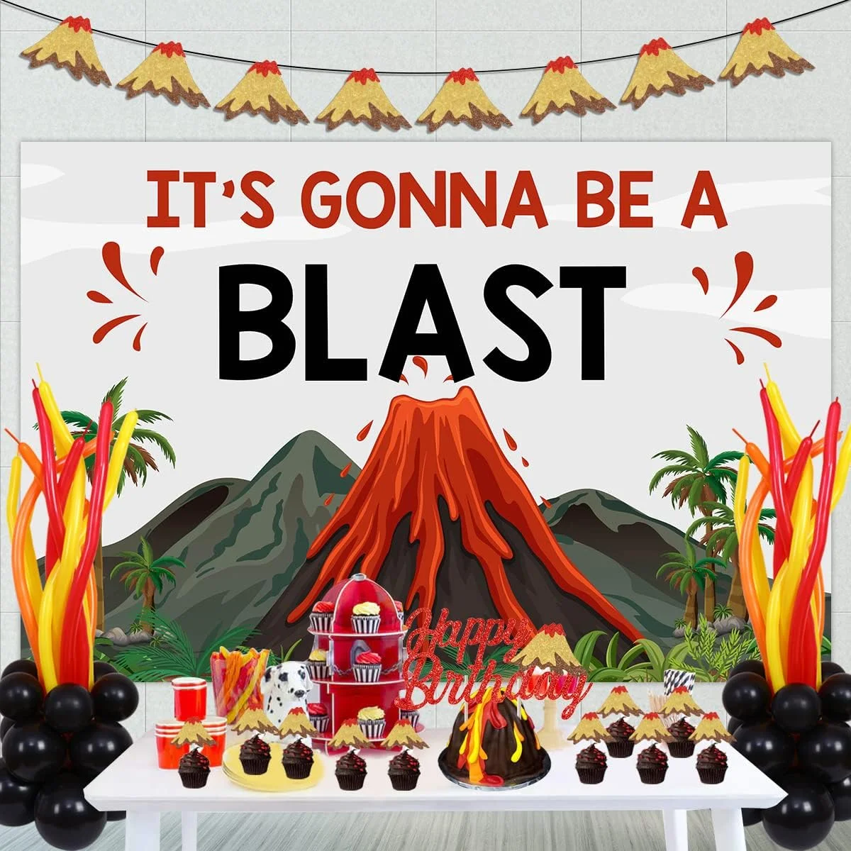 Volcano Party Decoration Hot Lava Party, It's Gonna Be A Blast Backdrop Funny Long Balloons Volcano Garland Cupcake Toppers for Volcano Theme Birthday Party Dinosaur Luau Hawaiian Tiki Party Supplies