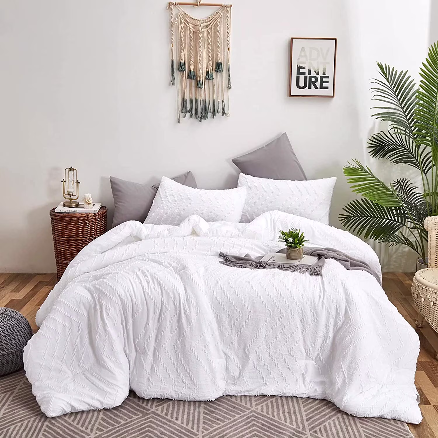 Perfect Houseri White Boho California King Comforter Set Tufted Jacquard Comforter Bedding Cal King All White Comforter Sets Shabby Chic Bedding Sets California King Plain White Farmhouse