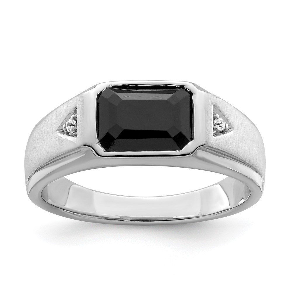 Auriga 14K White Gold Polished and Satin Onyx and Diamond Mens Ring for Mens Size 10 (0.02ct, Clarity- I2)