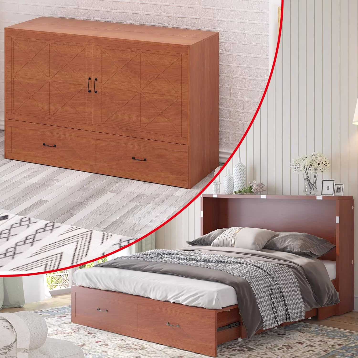 MUZZ Queen Size Murphy Cabinet Bed, Solid Pine Wall-Bed with 3 Charging Stations, 2 Storage Drawers and Comfy Foldable Mattress for Bedroom/Office and Small Spaces (Burnt Orange)