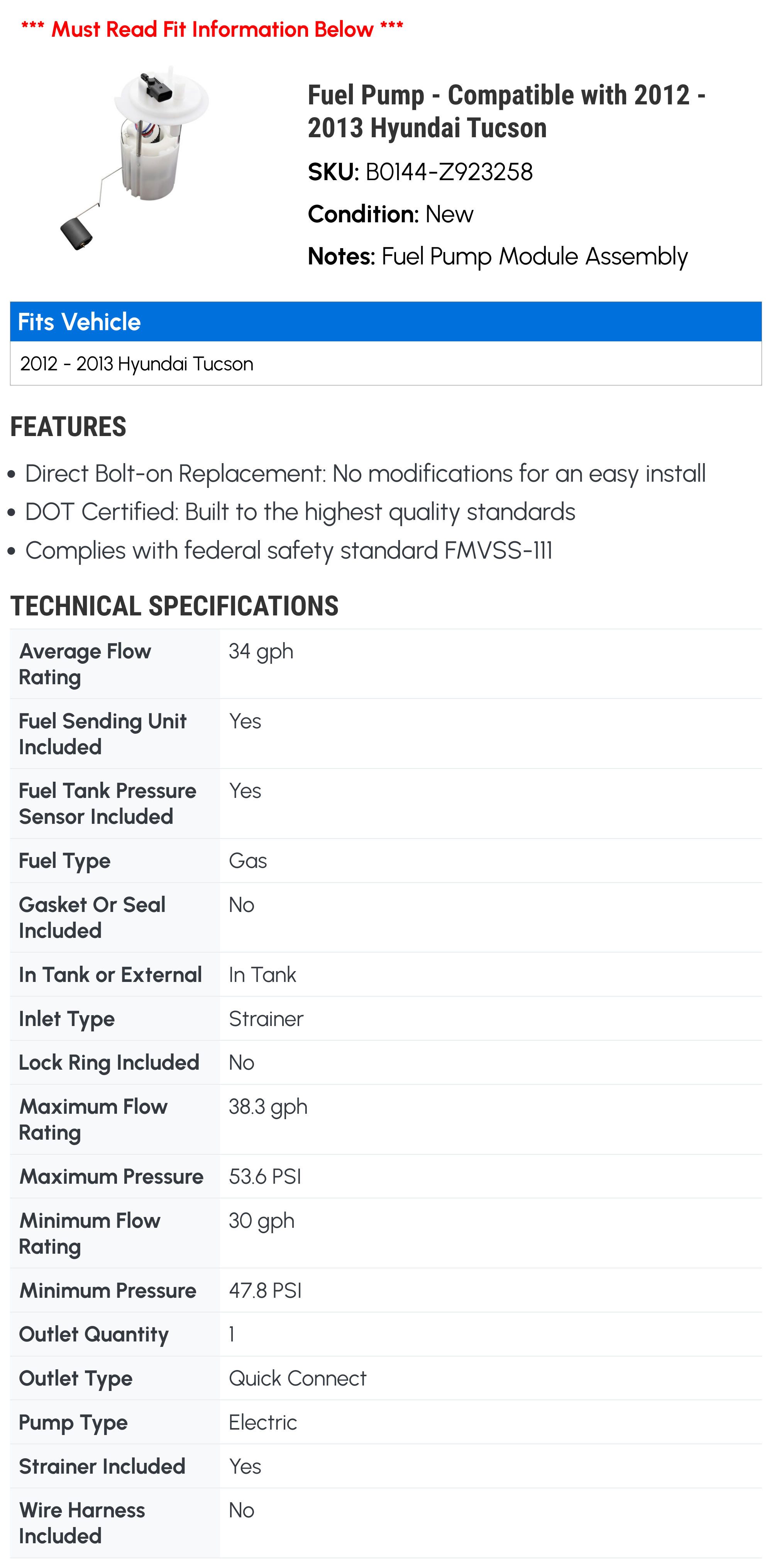 Fuel Pump - Compatible with 2012 - 2013 Hyundai Tucson