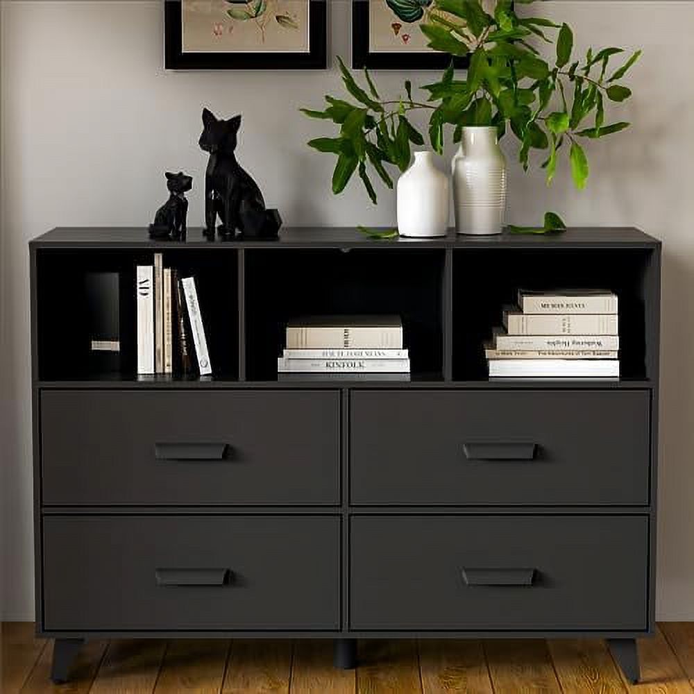 RUNFAYBIU 4 Drawer Dresser for Bedroom  4 Drawers Chest with Open Shelves  Mid-Century Modern Dressers  Chest of Drawers with   TV Stand Dresser for Bedroom  Black