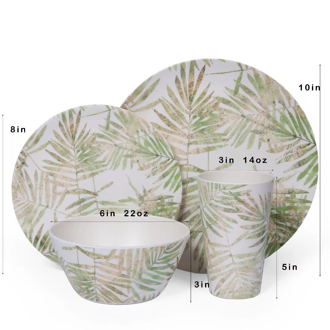 Cynnix 16pcs Melamine Dinnerware Sets, Dinner Plates, Salad Dishes, Bowls, Cups, Service for 4, Leaves Pattern,