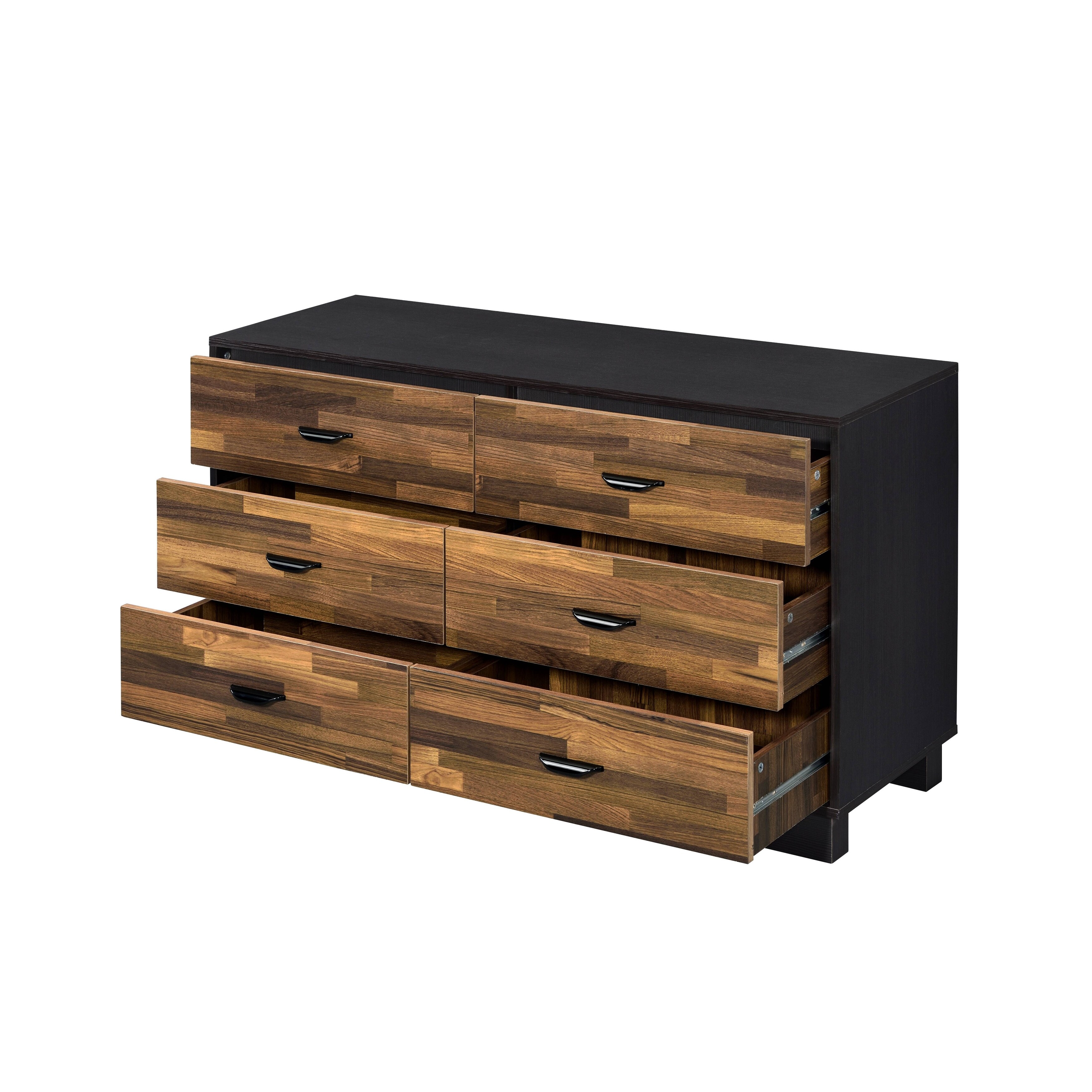 Walnut Transitional Style 6-drawer Dresser in Walnut & Black Finish, Composite Wood & Venee