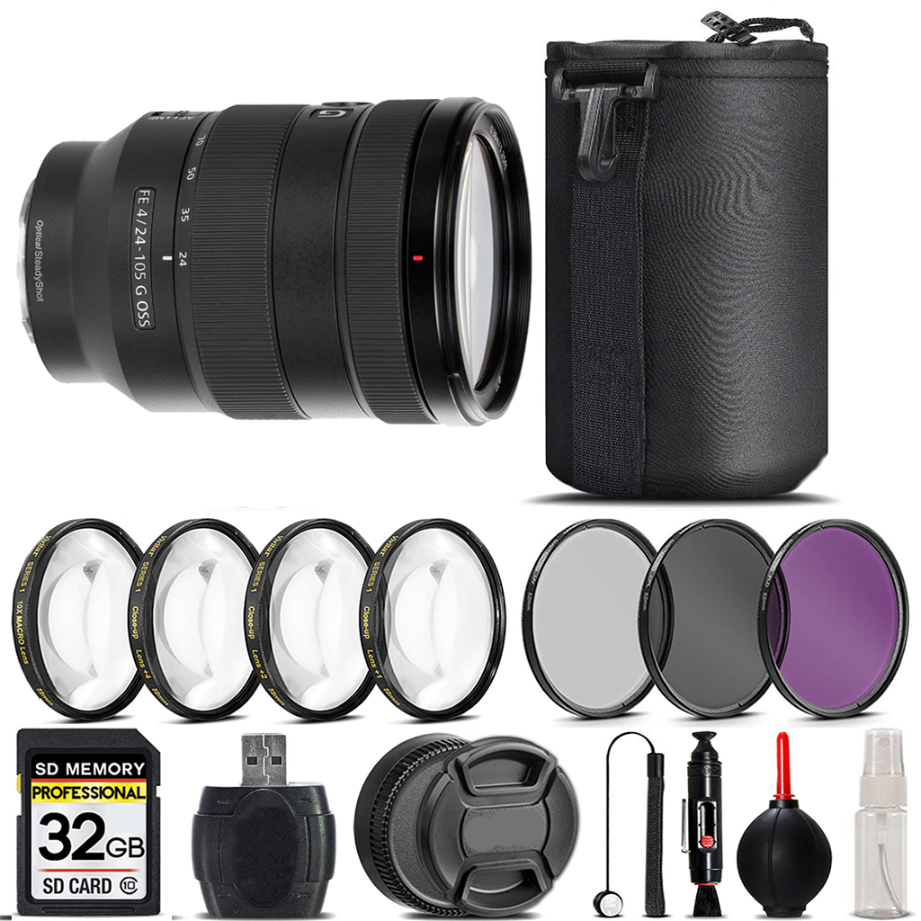Sony FE 24-105mm f/4 G OSS Lens+ 4PC Macro Kit + UV, CPL, FLD Filter - 32GB Kit