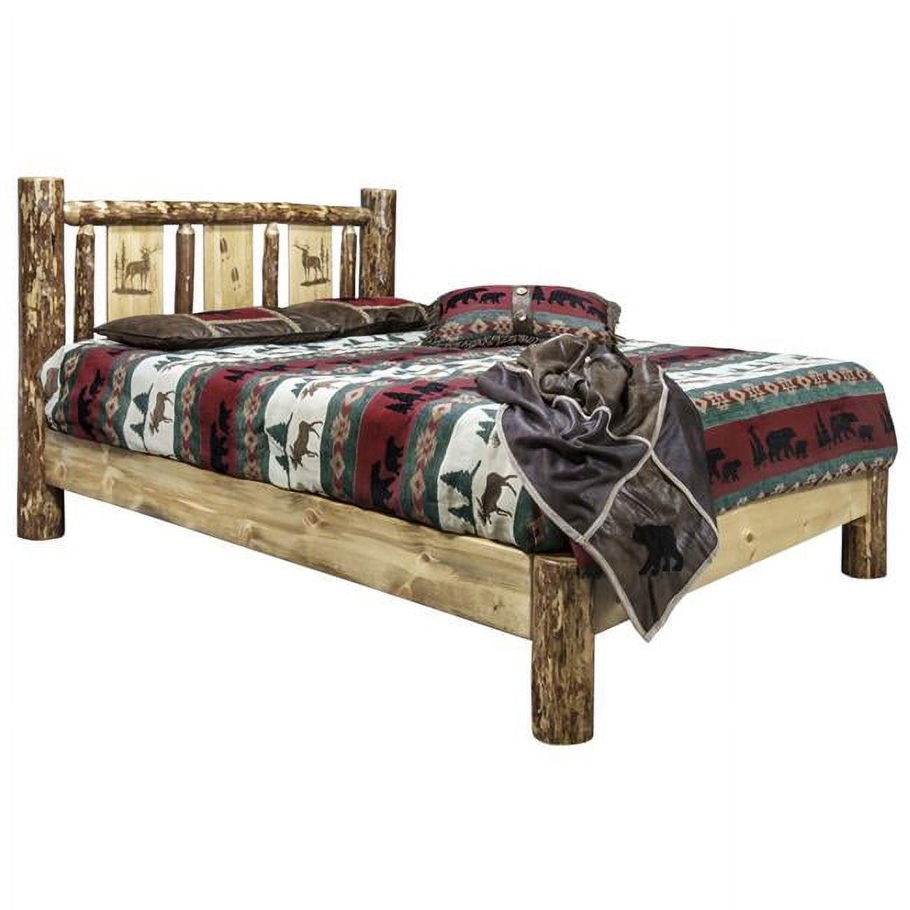 Glacier Country Collection Platform Bed with Laser Engraved Elk Design - Full Size