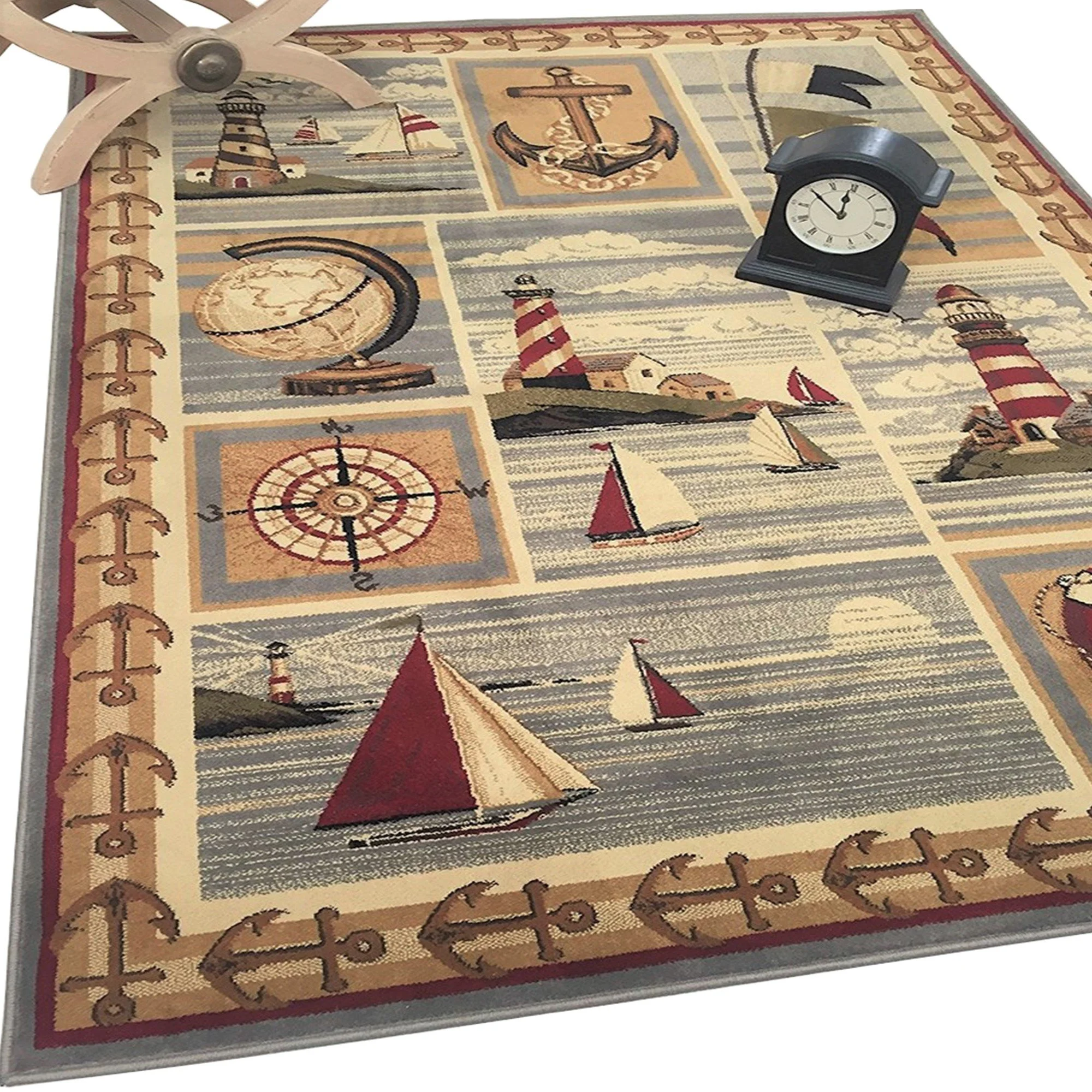 Lodge, Cabin Sailing Accent Area Rug - Modern Geometric Design Cabin Area Rug - Abstract, Beige/Multicolor Design- Lighthouse/Anker/Sailing Boats/Compass