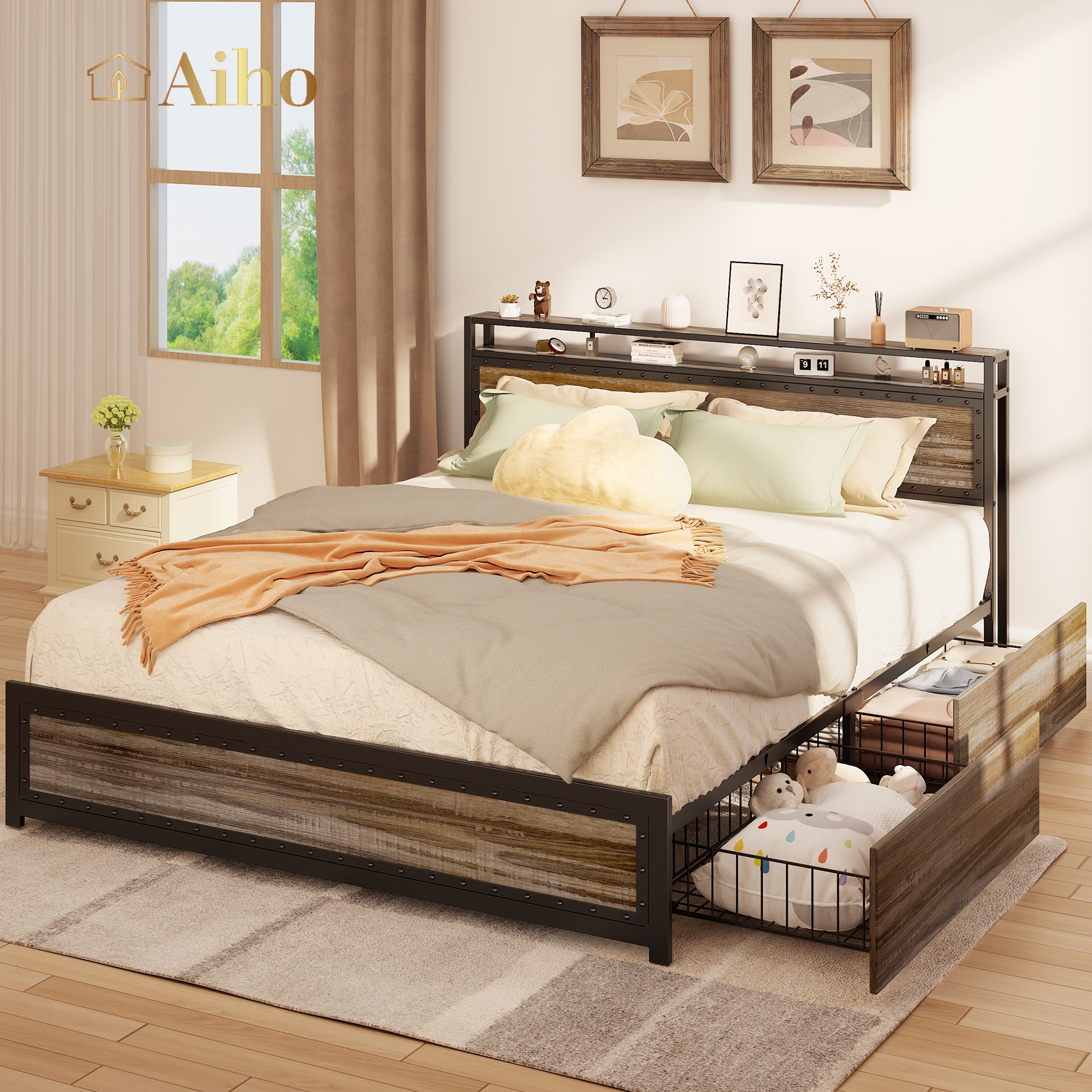 Aiho Full Size Metal Bed Frame with Drawers and Headboard for Bedroom Clearance - Gray