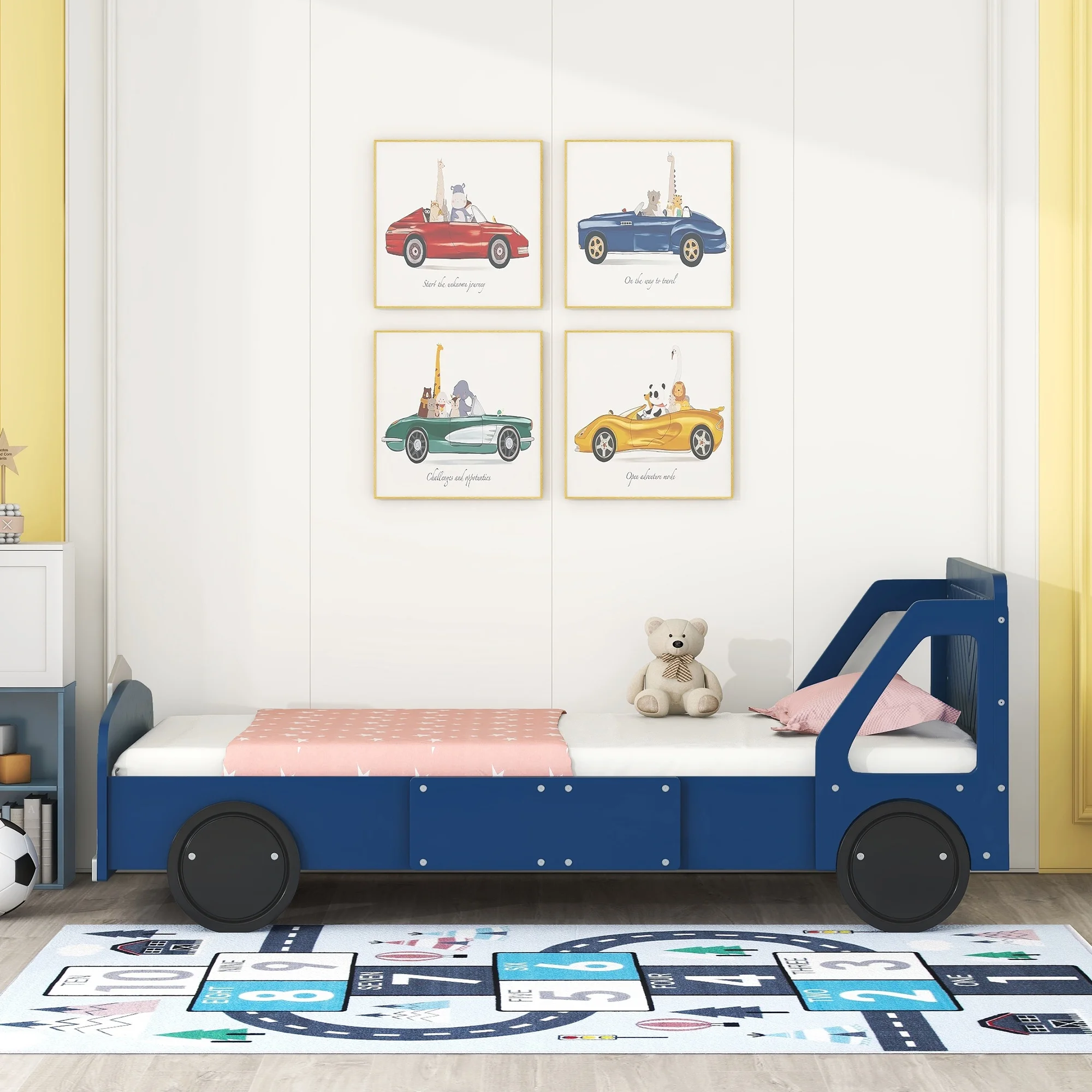 Churanty Twin Size Car-Shaped Platform Bed with Wheels,Blue
