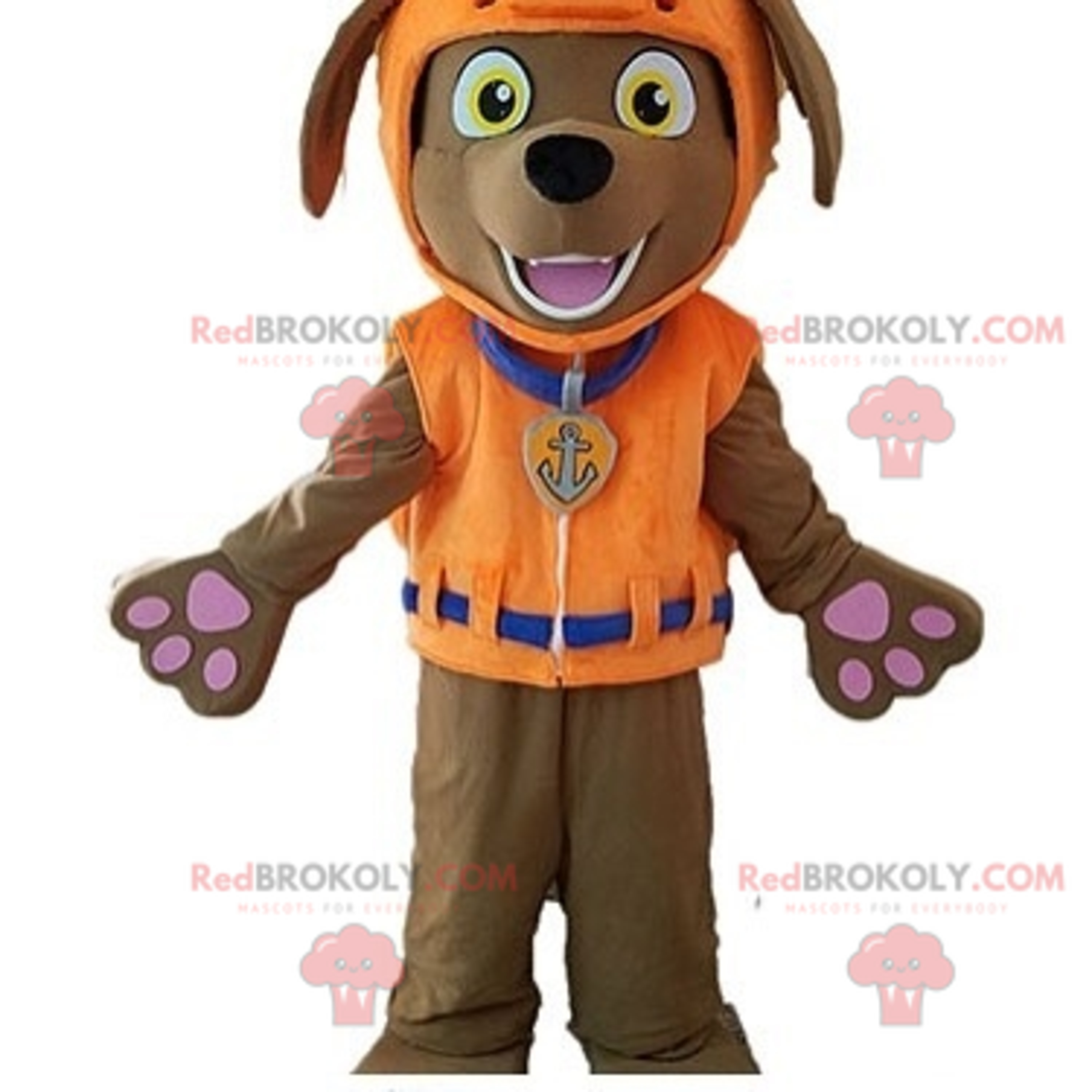 Brown dog REDBROKOLY mascot with a life jacket