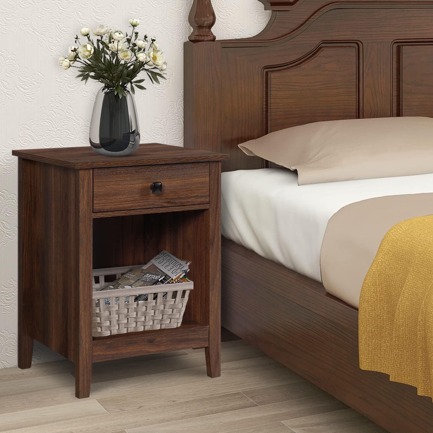 Dresser and Nightstand Sets - 3 Pieces Bedroom Set with 7 Drawer Dresser and 1 Drawer Nightstands, Wood Double Dresser, Brown Wood Grain