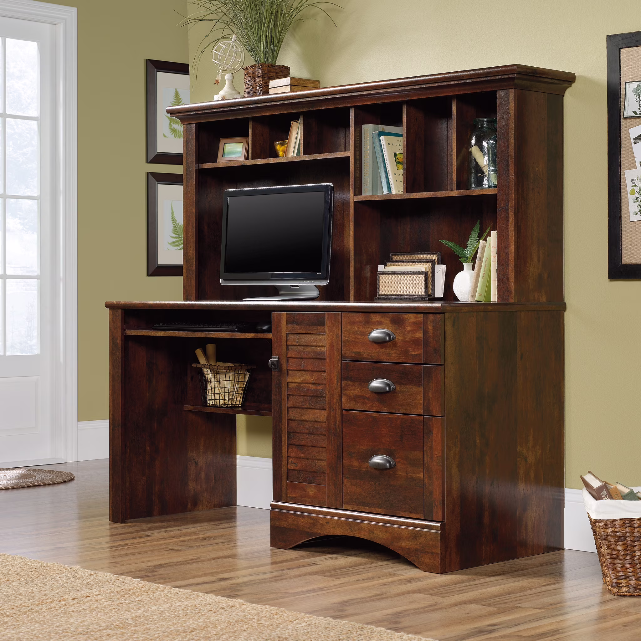 Sauder Harbor View Computer Desk W/Hutch, Curado Cherry Finish