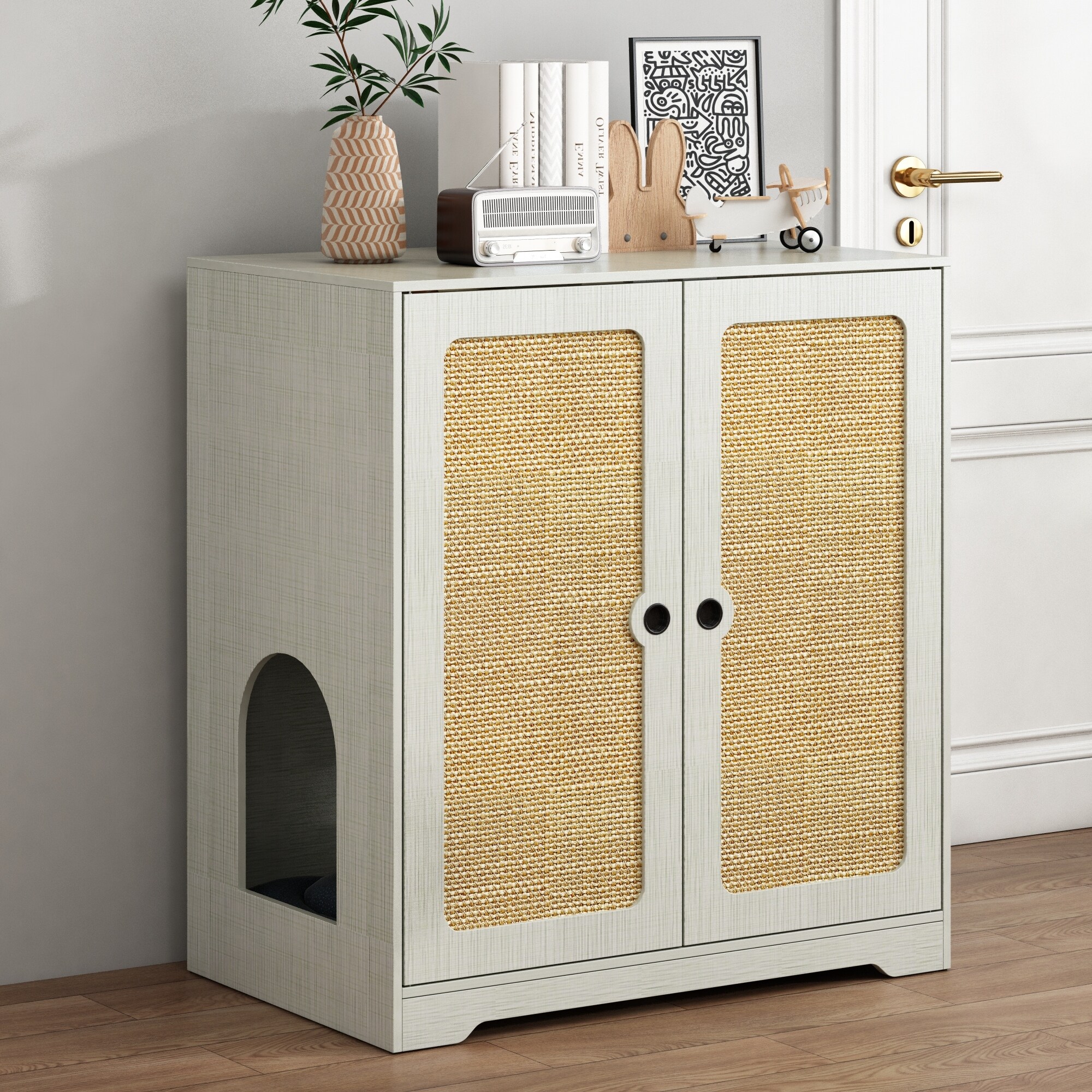 FUFU&GAGA Wood Cat Litter Box Enclosure,Furniture,with Cat Scratching Pad Doors