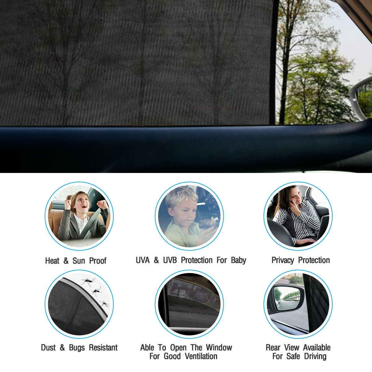 Universal Car Side Window Sun Shade, Rear and Front Car Windows Sunshades Curtain, UV Protection Privacy Windshield Mesh