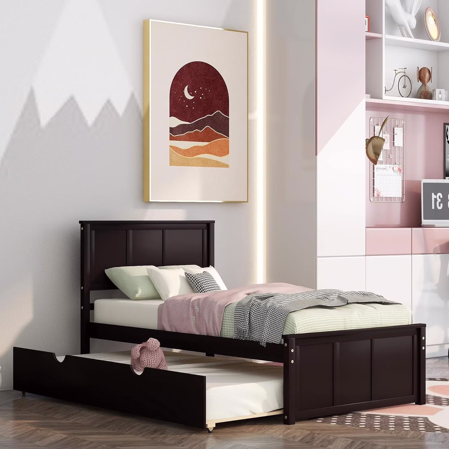 Bed Frame With Trundle, Kids Platform Bed With Pull Out Trundle,Solid Wood, No Box Spring Needed