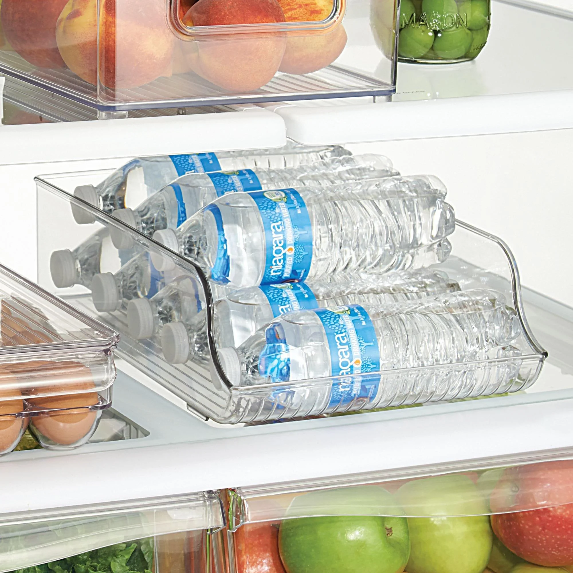 Clear Plastic Water Bottle Storage Organizer Bin, Storage Dispensers Holder Up to 9 Pack 16.9 oz Water Bottle for Refrigerators, Fridge, Freezers, Cabinets, Pantry -BPA Free