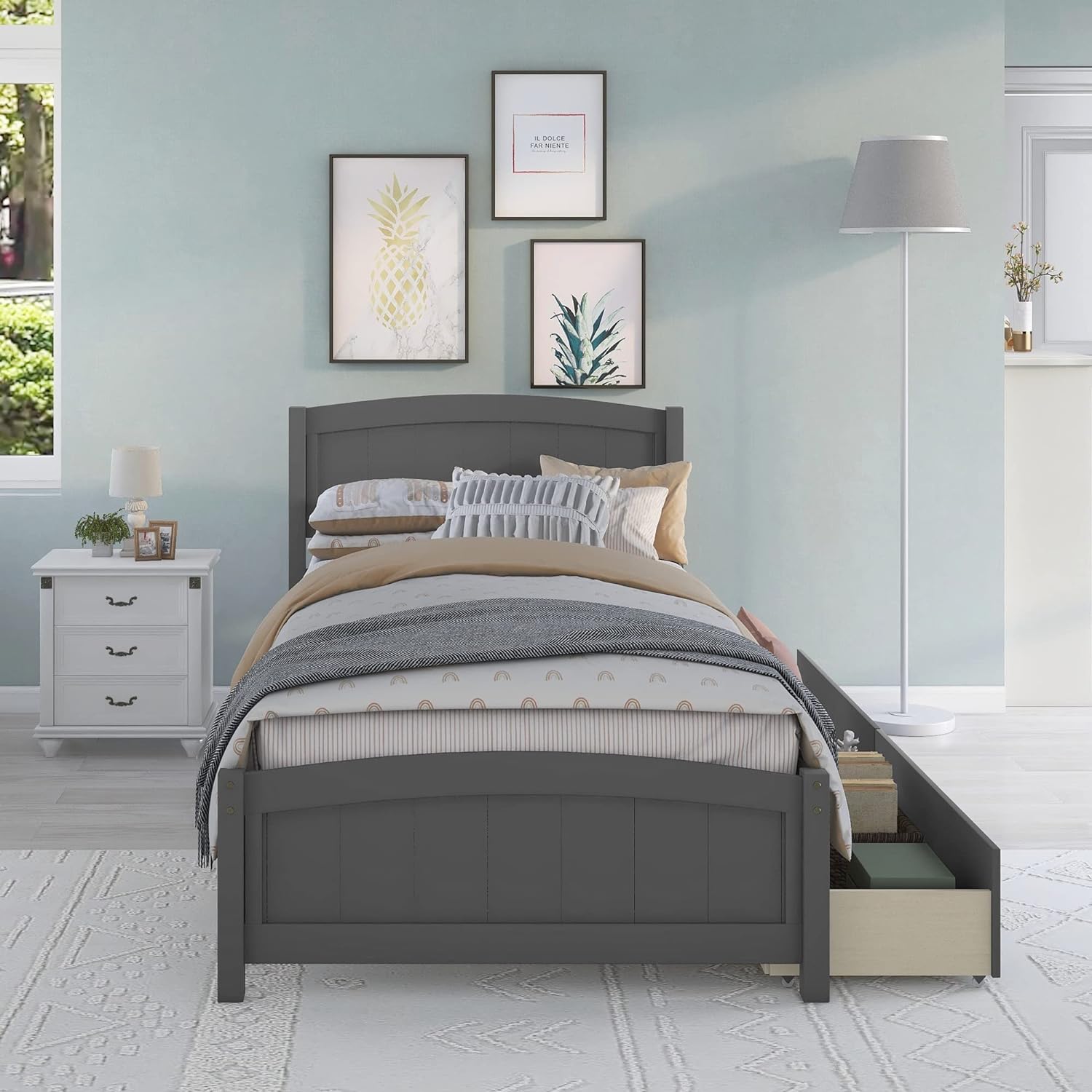 Bed With Storage Drawers Wooden Platform Bed Frame With Headboard Solid Wood Captain Beds For Boys Girls Kids Teens, No Box Spring Needed, Gray