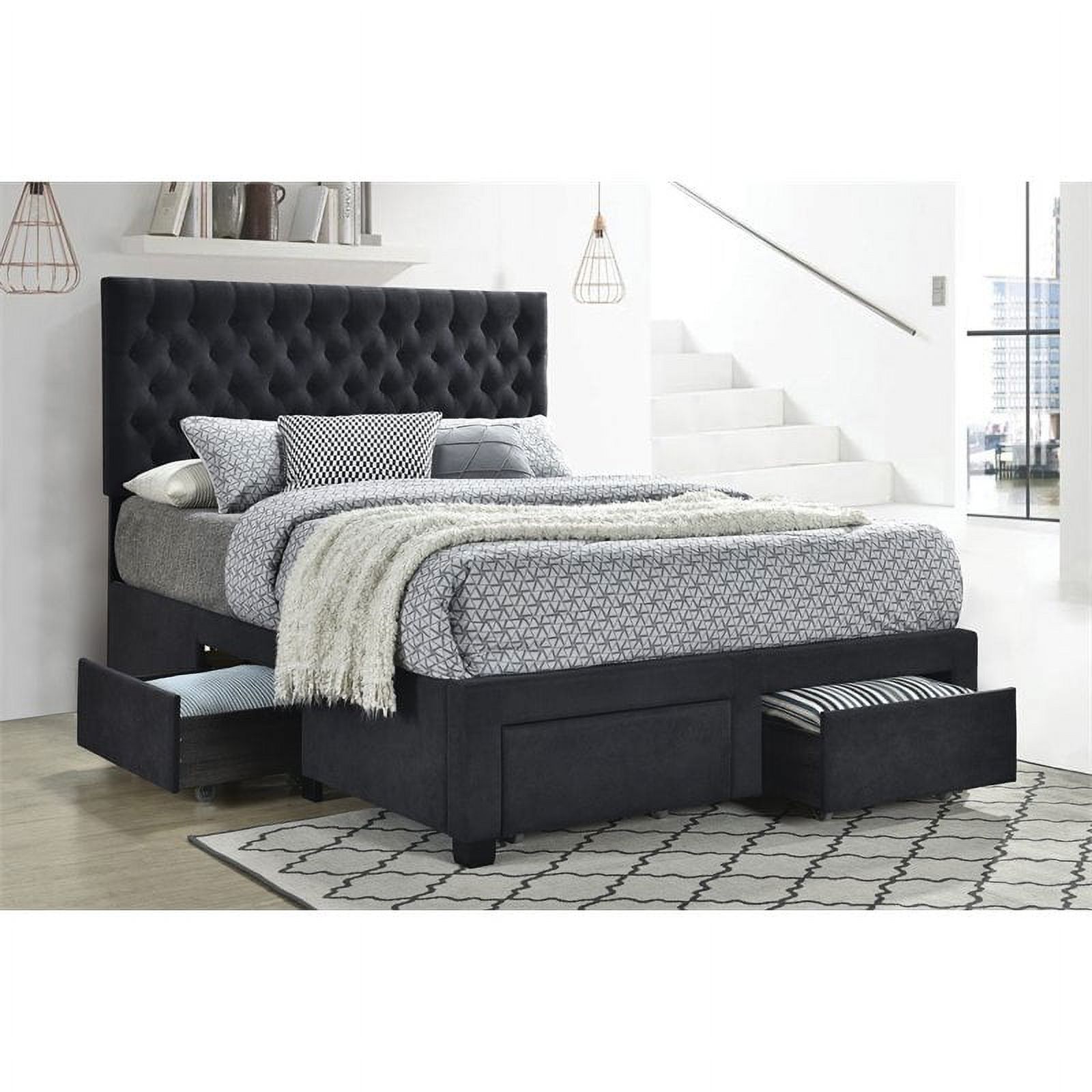 Pemberly Row 4-Drawer Button Tufted Fabric Queen Storage Bed in Charcoal