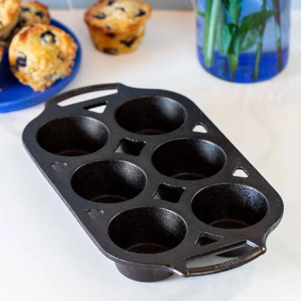 Lodge Cast Iron Muffin Pan, Pre-seasoned and Dual Handles, Made in USA, 6 Cups