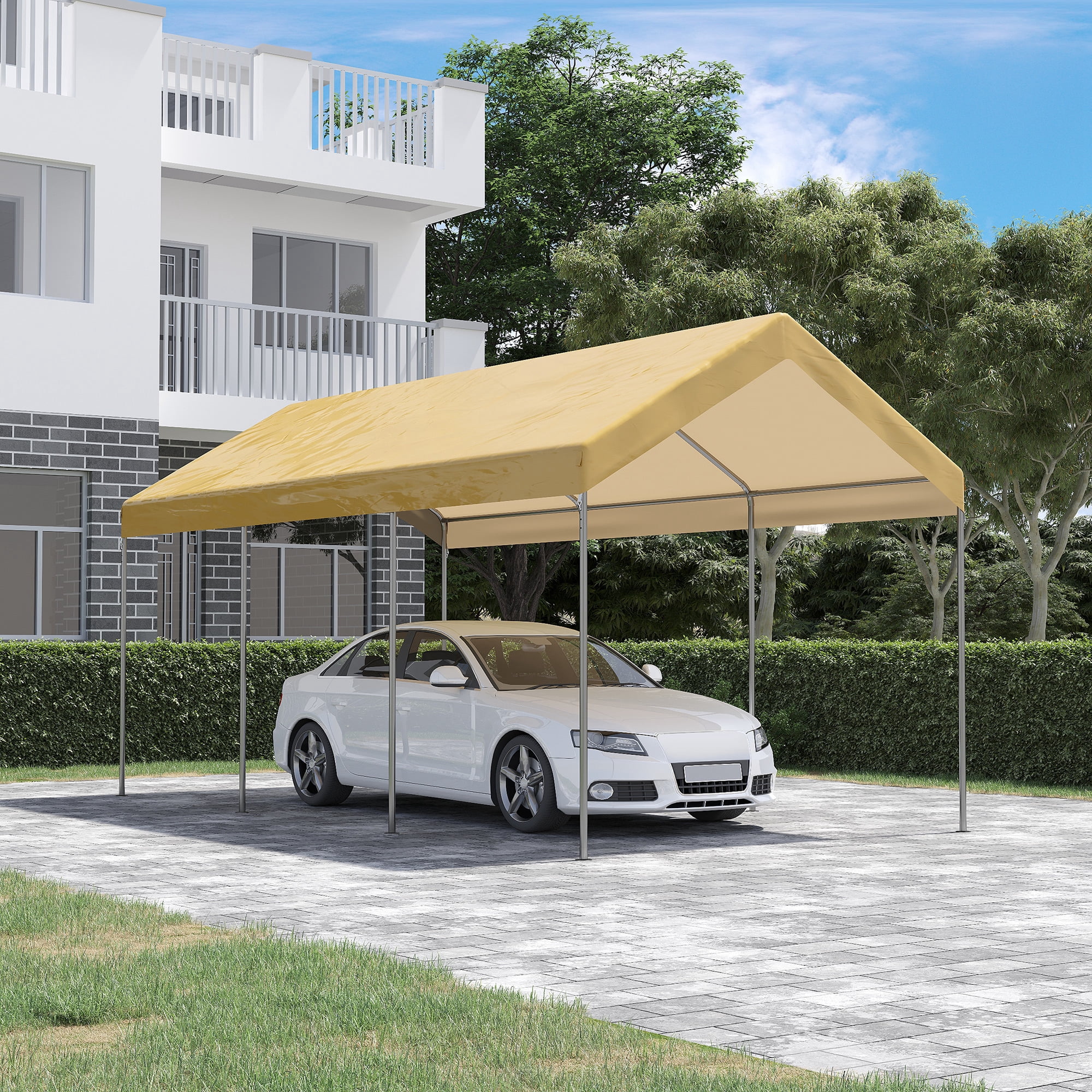 Outsunny 20' x 10' Height Adjustable Carport Patio Storage Shelter, Beige
