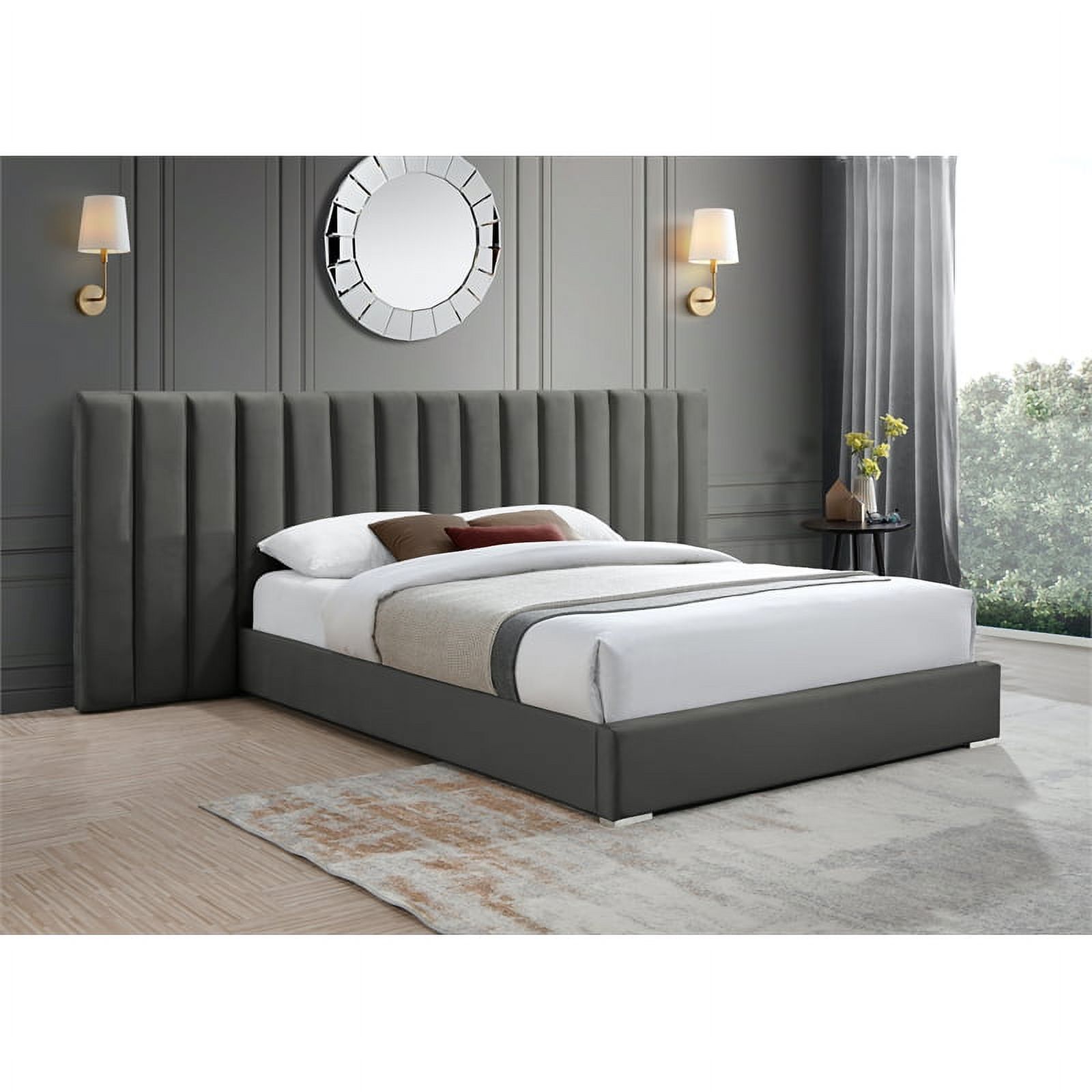 Meridian Furniture Pablo Gray Velvet Queen Bed with Chrome Metal Legs