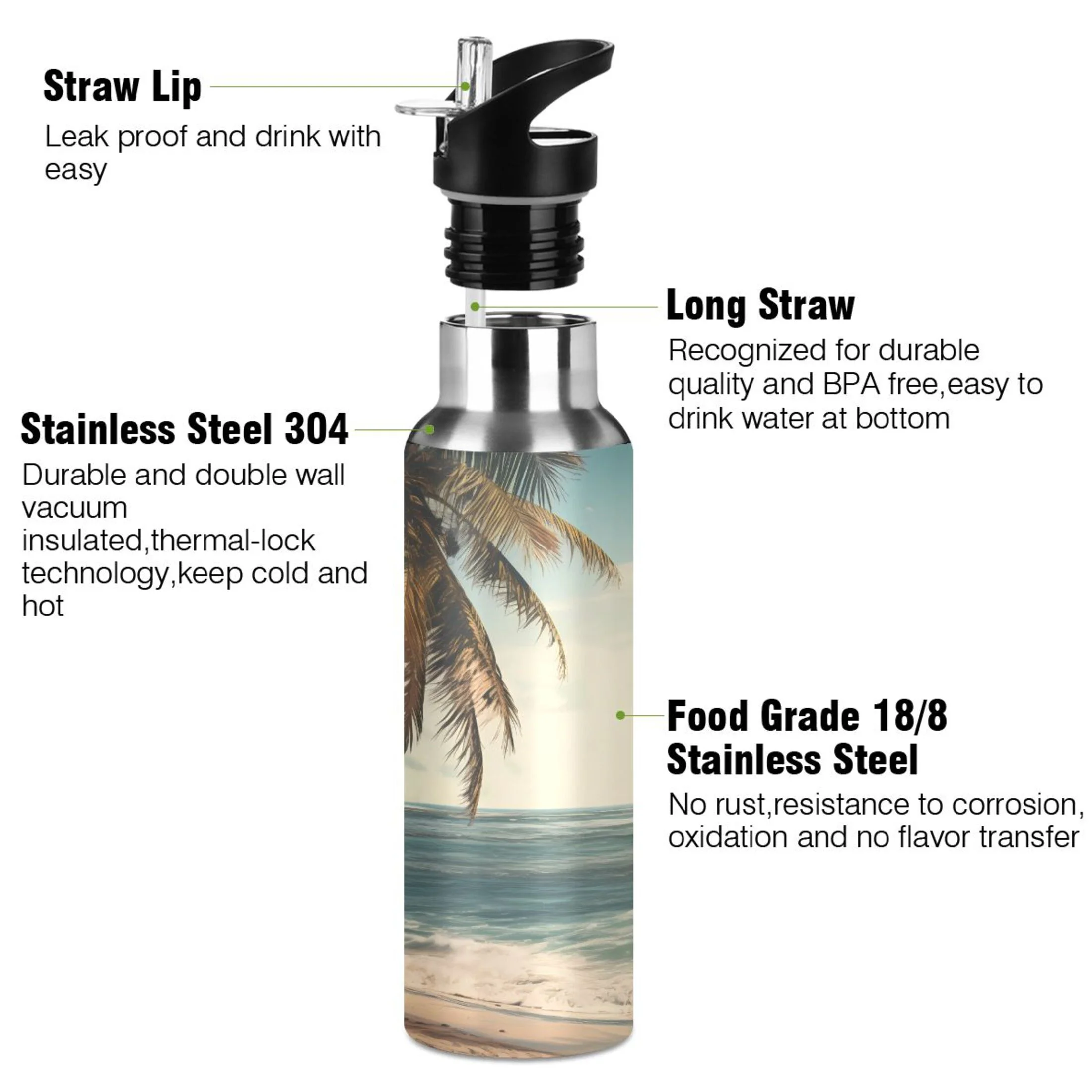 Palm Tree Retro Beach Water Bottles Insulated Thermos Kids Stainless Steel Bottle with Straw Lid Flask Leakproof for Sports Gym 20 oz