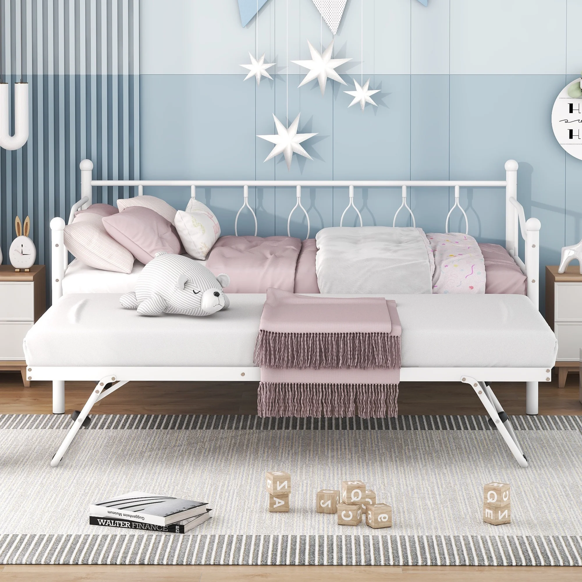 Twin Daybed with Twin Size Adjustable Trundle, Portable Folding Trundle, Metal Daybed with Pullout Trundle, Metal Slat Support Sofa Bed for Teens Adults Living Room, Guest Room