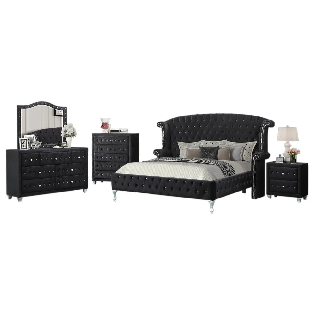 Best Master Furniture Emma Velvet King Bed with Crystal-like Studs in Black