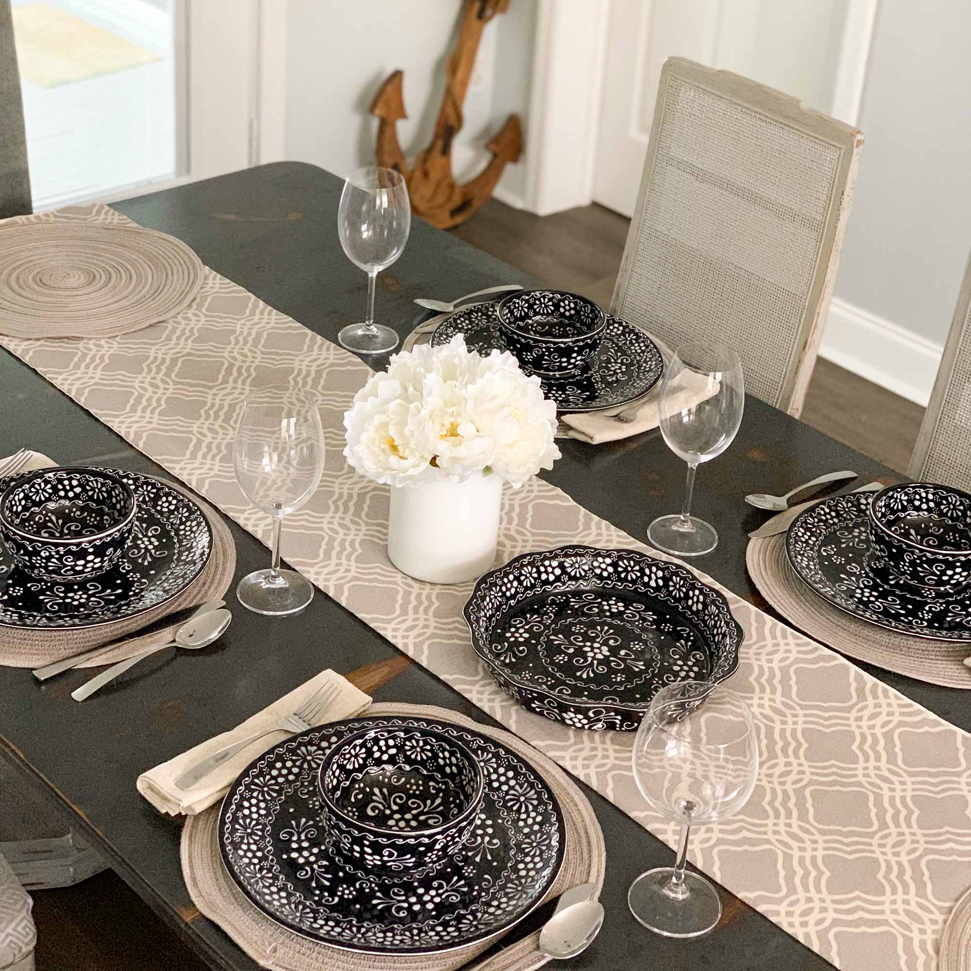 Mexican Pottery Set of Large Dinner Plates, Ink