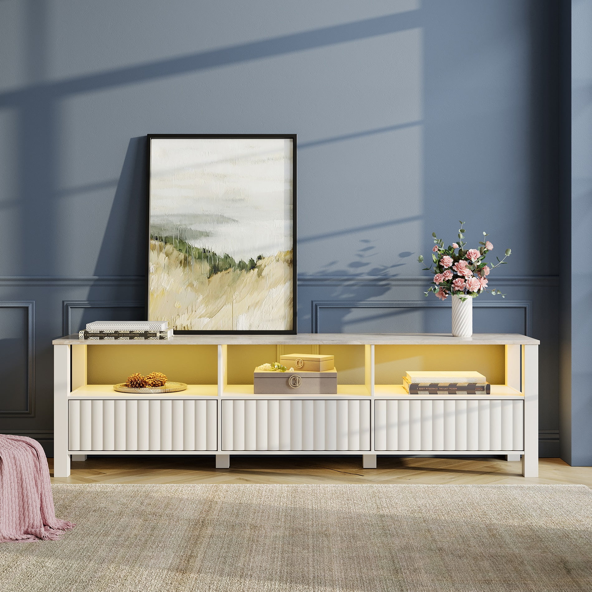 LED TV Stand for 80 Inch TV Media Console Wood Entertainment Center Television Table for 75 inch TV with 6 Storage for Living Room, 70 inch White