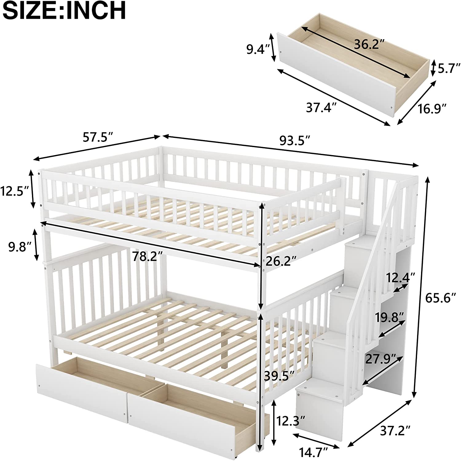 Full Over Full Bunk Bed With Stairs, Solid Wood Bunk Bed With Storage Drawers, Weight Capacity Up To 600 Lbs Per Bed, For Kids Teens Adults - White