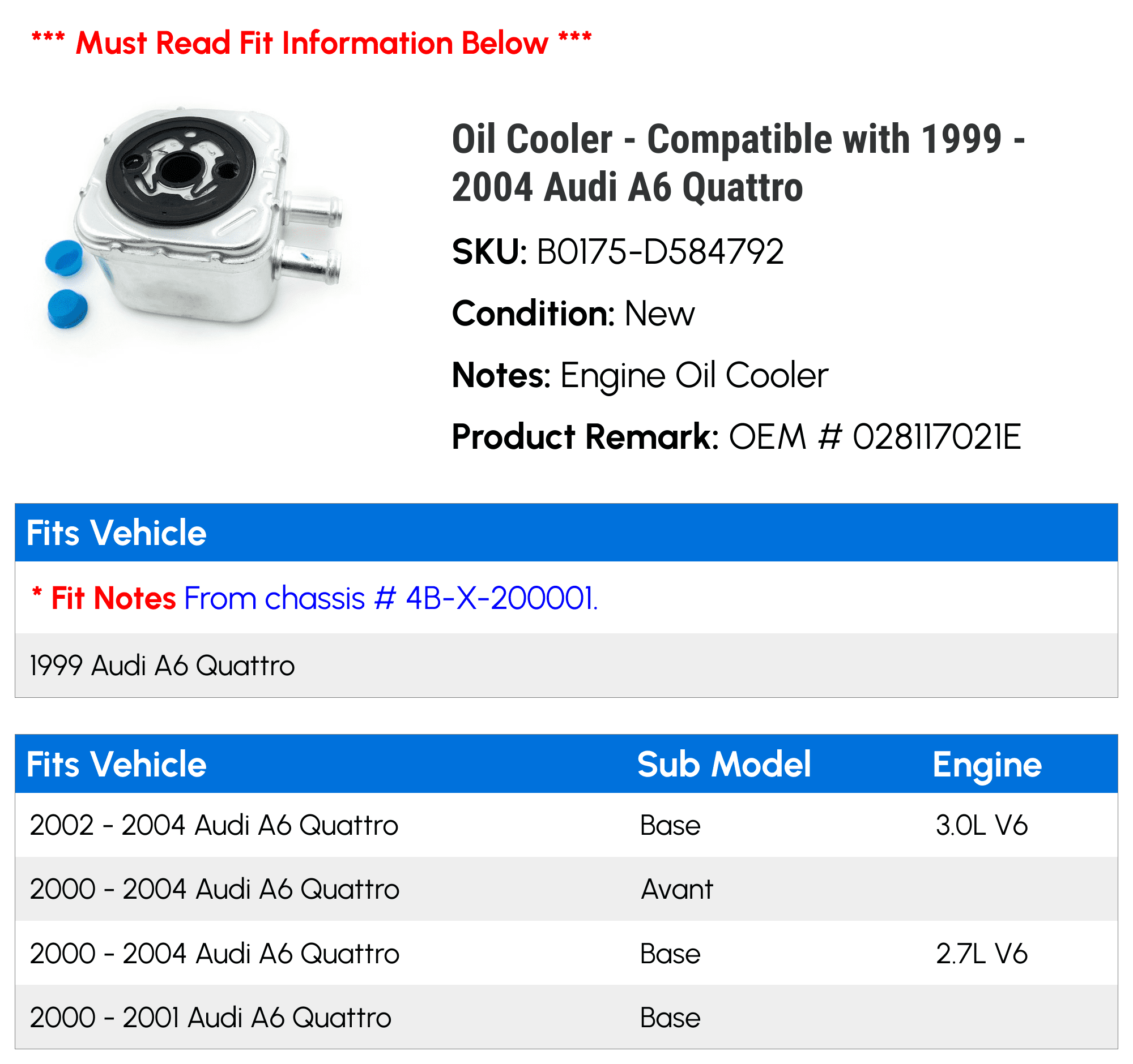 Cooler - Compatible with 1999 - 2004 Audi A6 Quattro 2000 2001 2002 2003