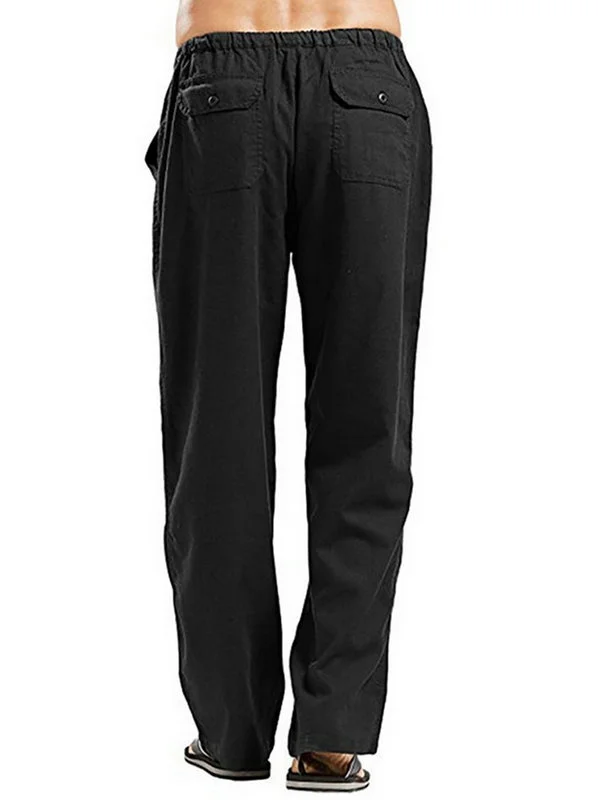 DYMADE Men's Casual Elastic Waist Pockets Drawstring Linen Pants