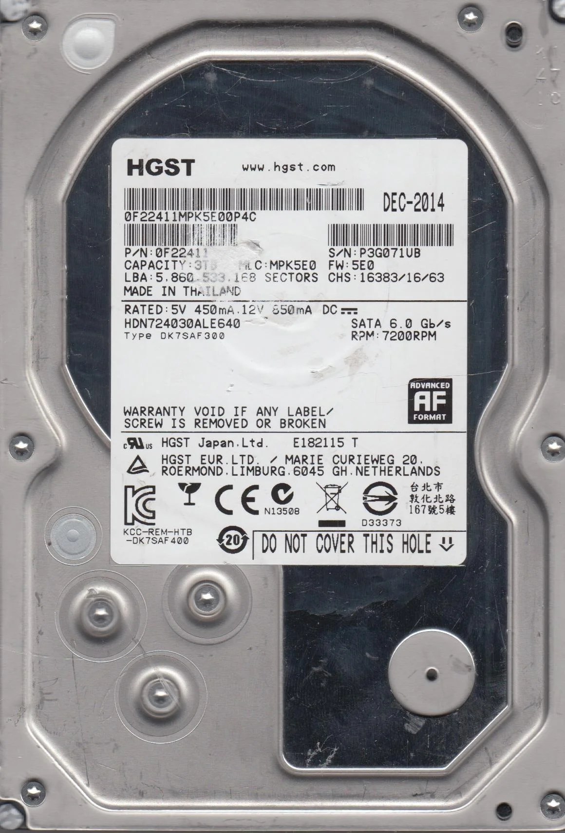 HDN724030ALE640, PN 0F22411, MLC MPK5E0, Hitachi 3TB SATA 3.5 Hard Drive