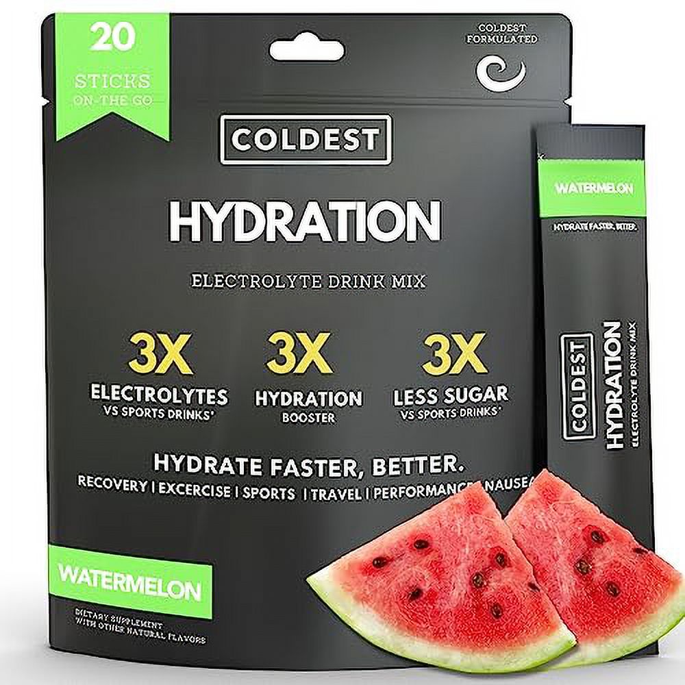 Coldest Hydration - Electrolytes Powder Packets - Non GMO & No Artificial Sugar - Electrolyte Drink Mix - Easy Open Single-Serving Stick Drop in Water - 20 Sticks per Pack (Watermelon)