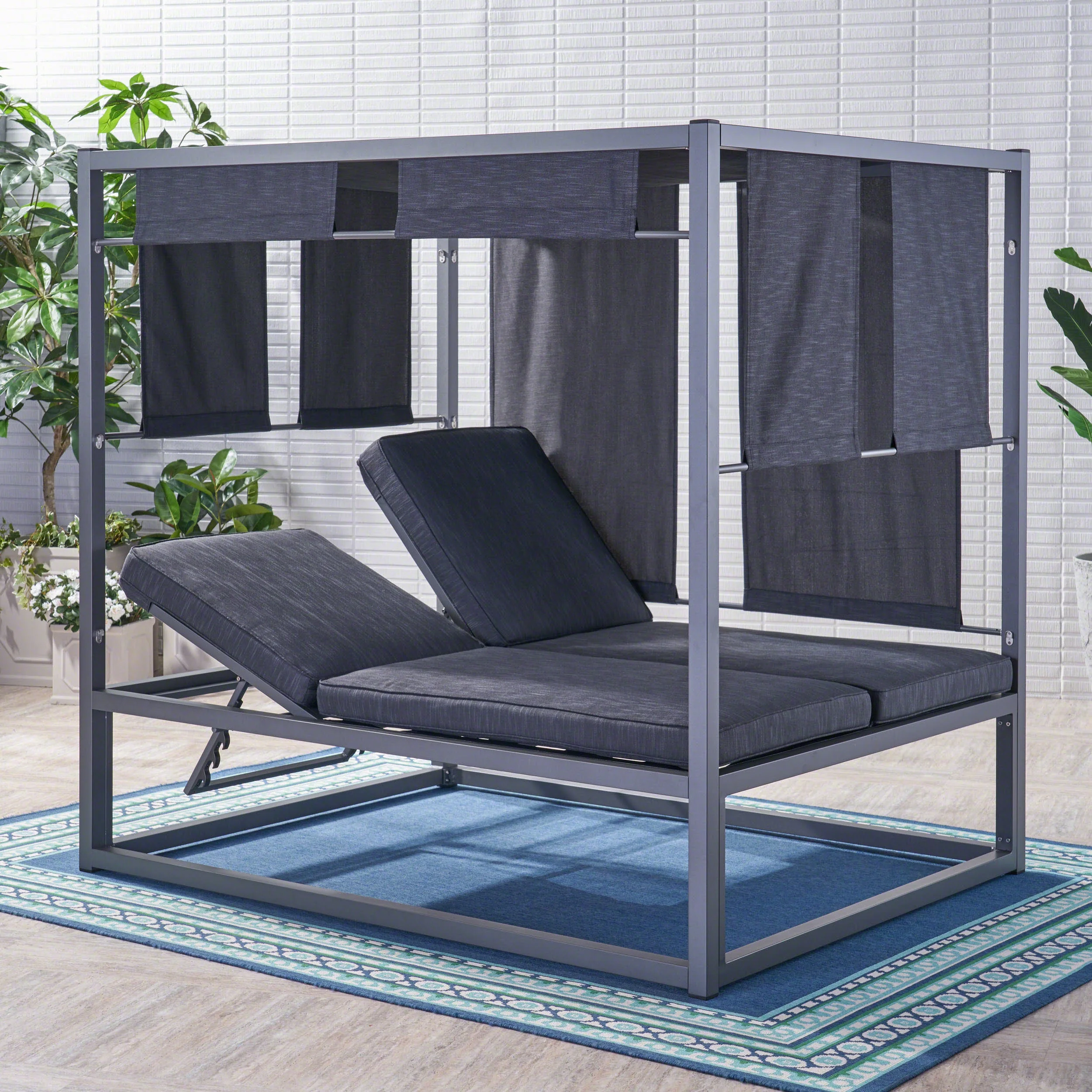 Chad Outdoor Aluminum Daybed with Canopy, Dark Grey, Grey