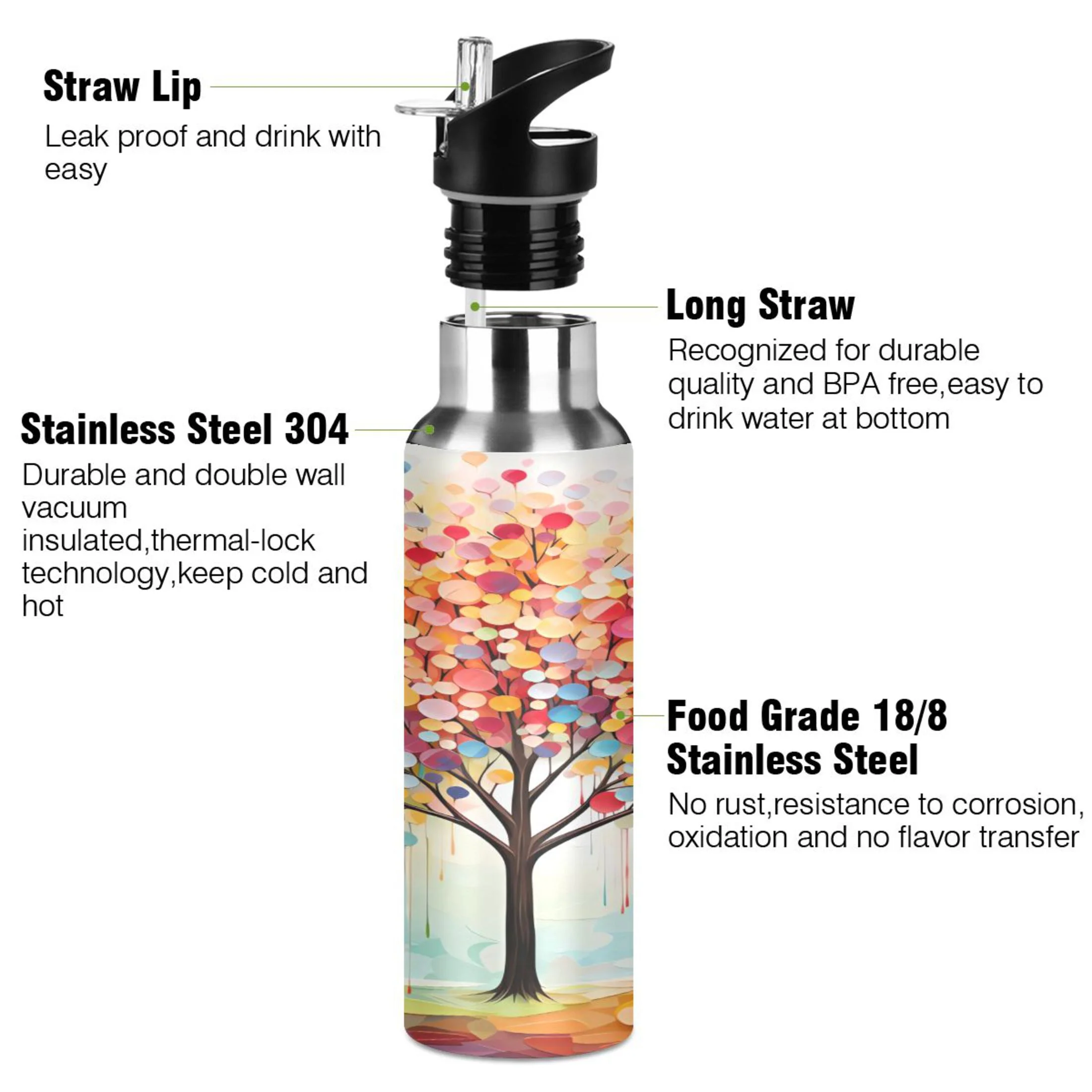 Water Bottle with Straw Lid Leak Colorful Tree Stainless Steel Insulated Thermos Vacuum Flask for Cold Hot Drinking for Sports Camping Gym Yoga