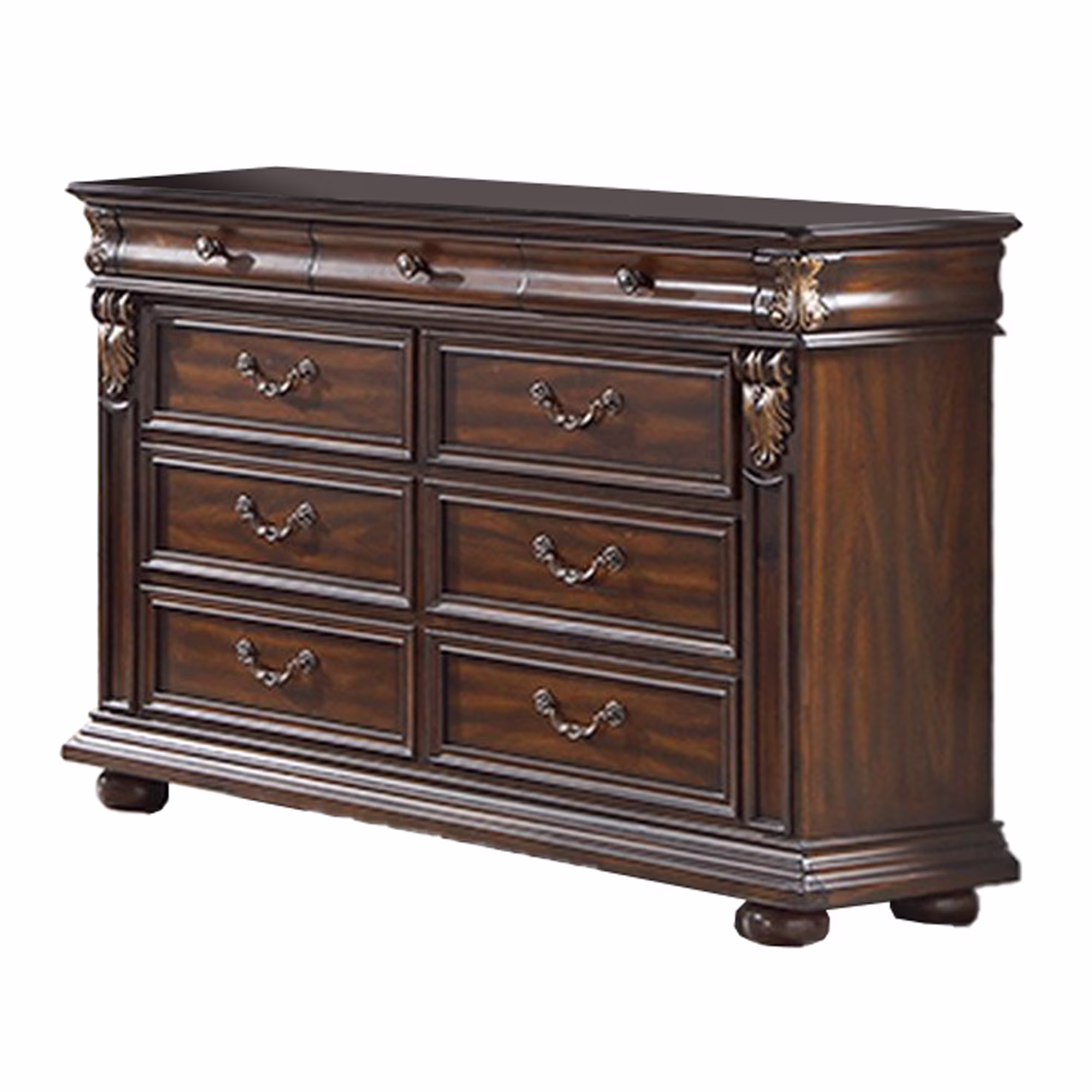 9 Drawer Wooden Dresser with Molded and Carved Details, Brown