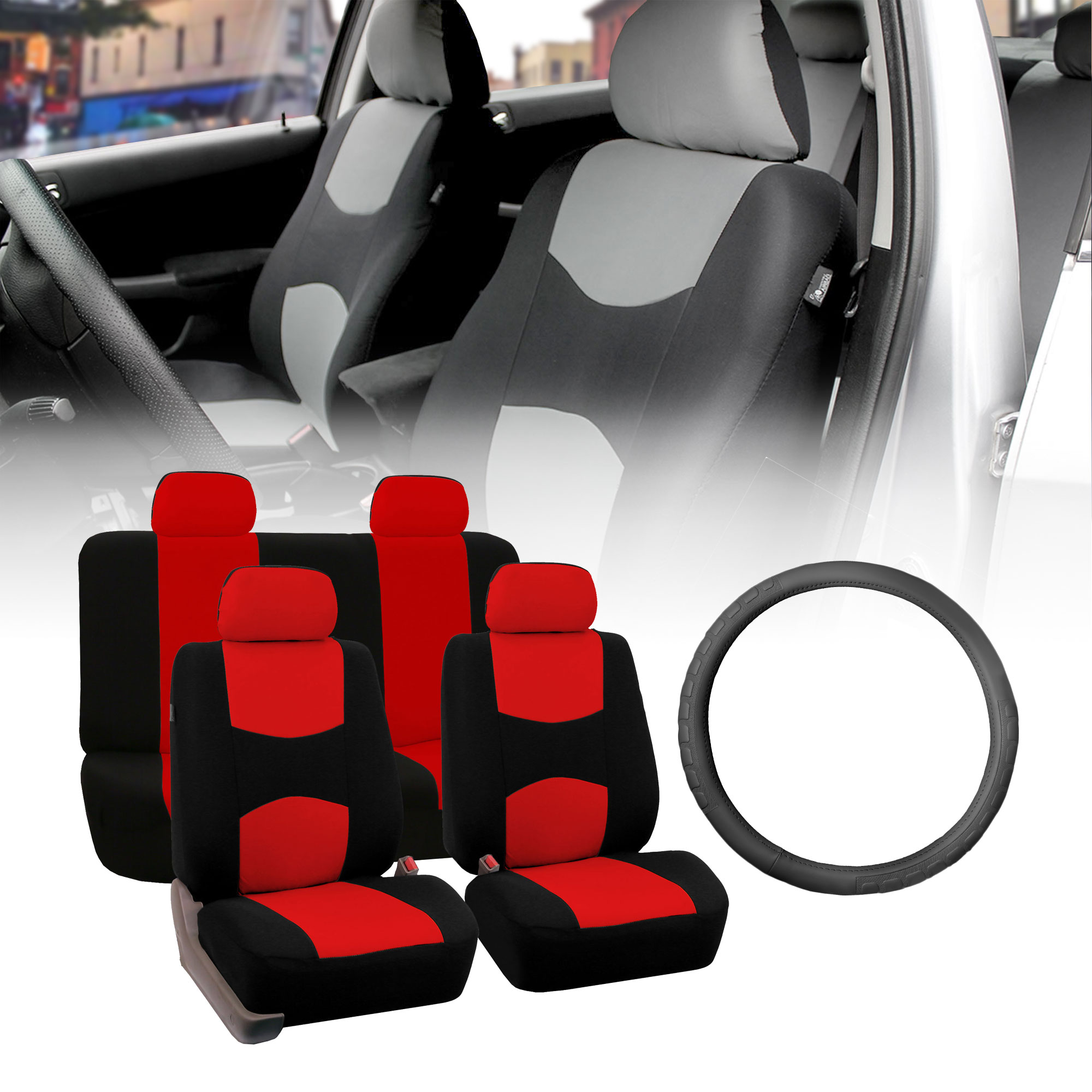 FH Group Flat Cloth Seat Covers for Auto, Full Set with Leather Steering Wheel Cover, Red Black