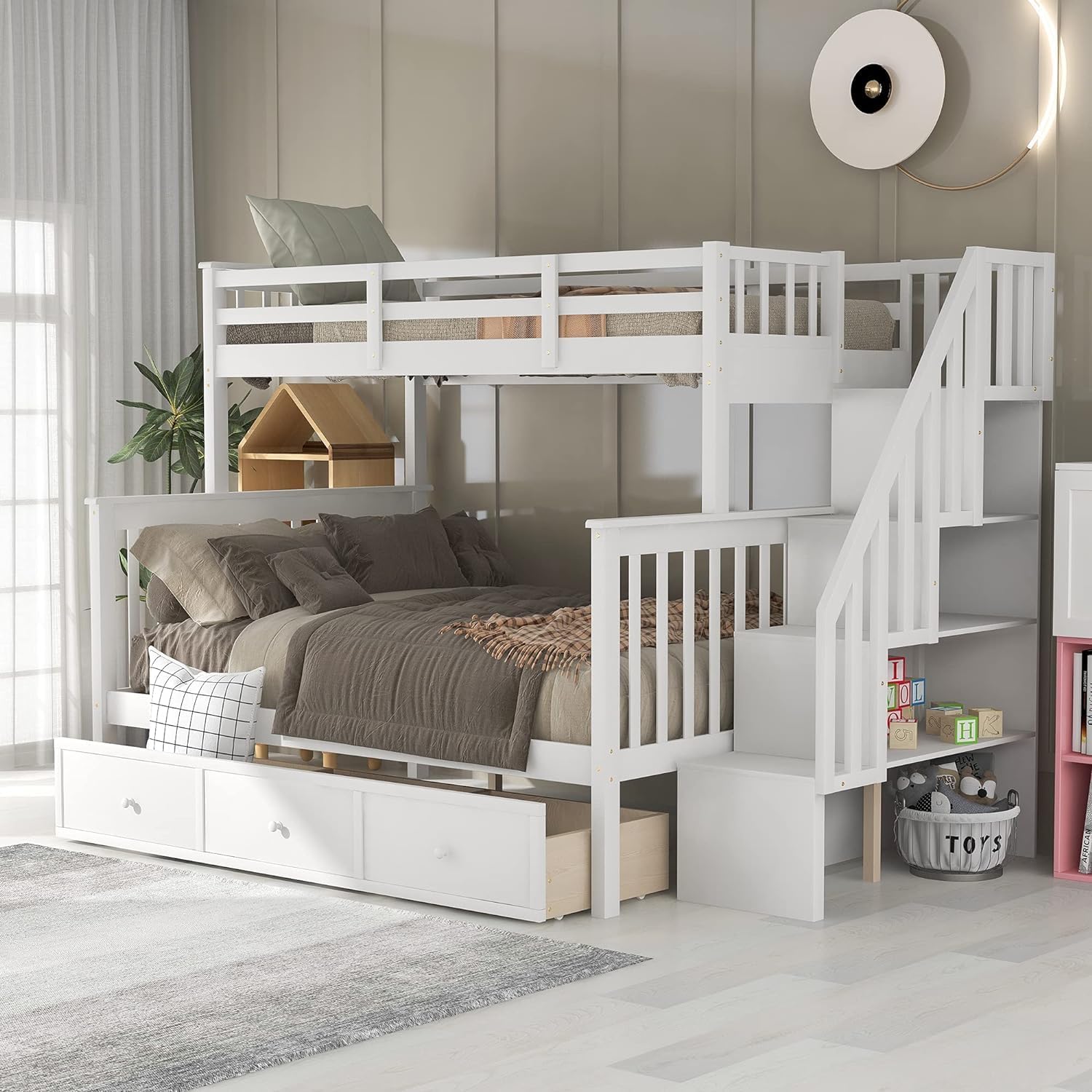 Over Full Bunk Bed With Stairs, Solid Wood Stairway Bunk Bed With Storage Drawers For Kids Teens Adults, Bedroom, Dorm (White)