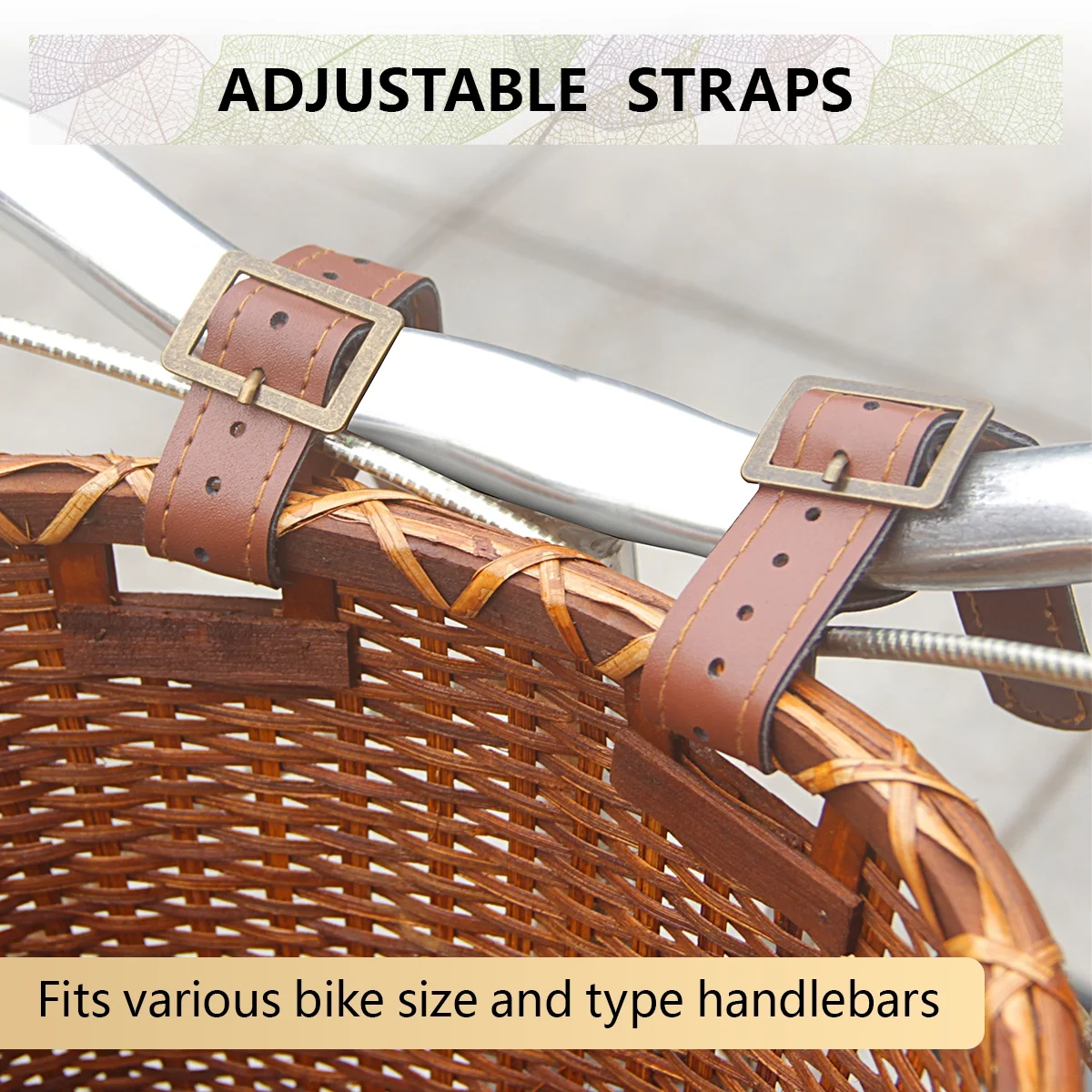 Livoccur Handmade Woven Rattan Bicycle Basket with Adjustable Leather Straps, Retro Style Front Bike Basket, Large