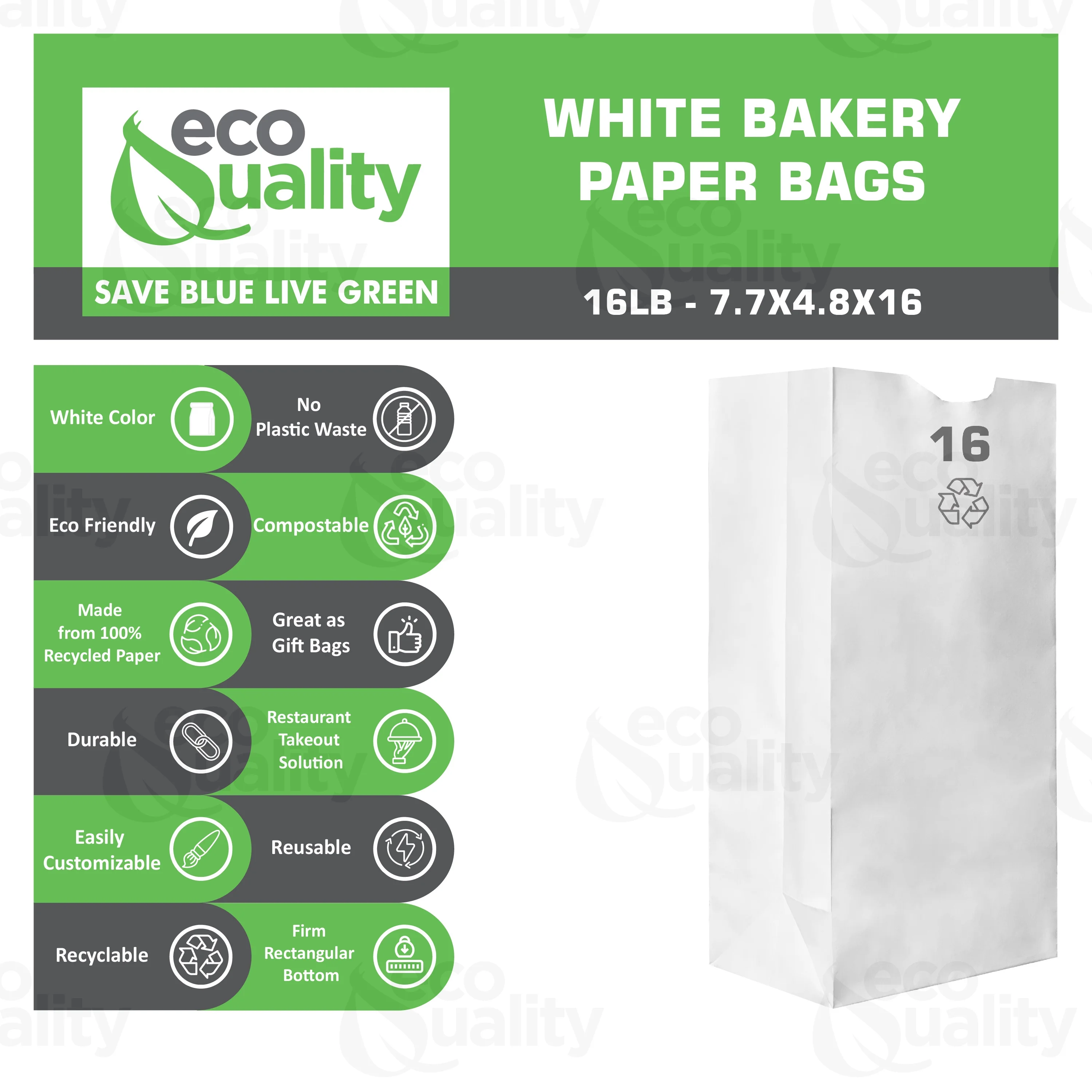 Paper Lunch Bags 16 Lb White Paper Bags 16LB Capacity - Kraft White Paper Bags, Bakery Bags, Candy Bags, Lunch Bags, Grocery Bags, Craft Bags - #16 Large Lunch Paper Bags by EcoQuality (100, #16)