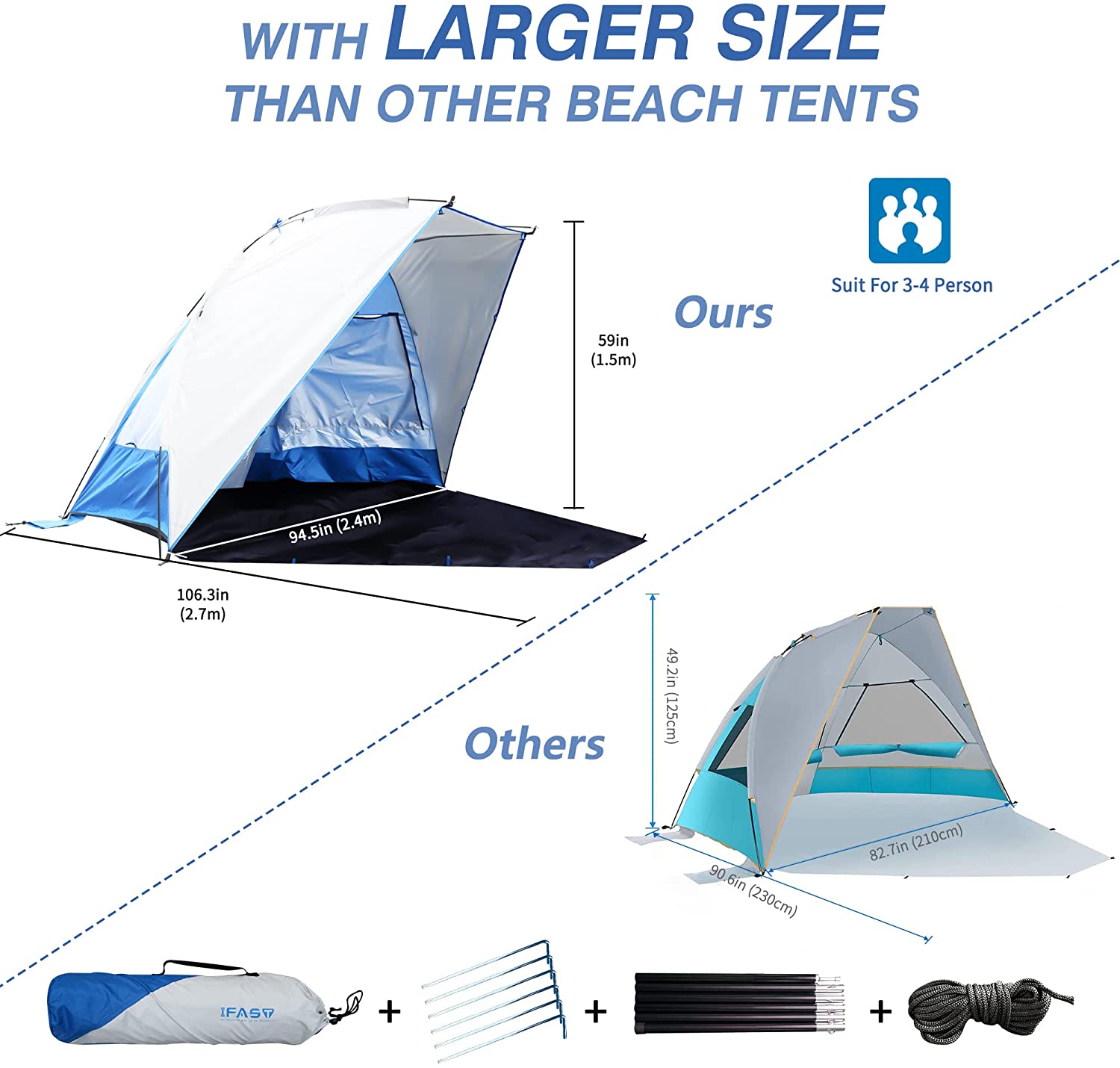 3-4 Person Portable Sun Shelter Beach Tent, Waterproof Windproof Sun Shade Easy Up Canopy Umbrella with Carry Bag for Beach Fishing Hiking