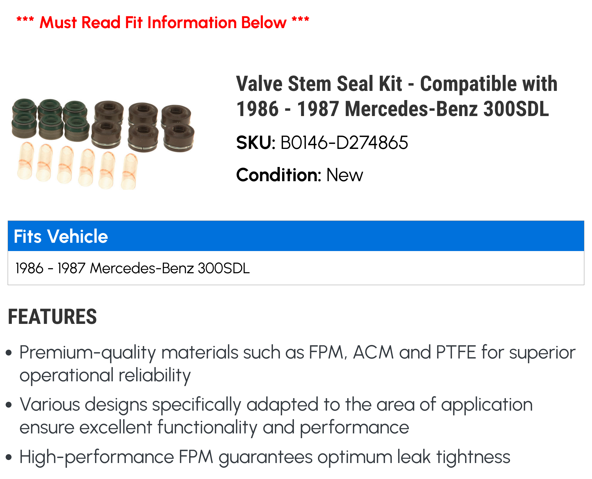 Valve Stem Seal Kit - Compatible with 1986 - 1987 Mercedes-Benz 300SDL